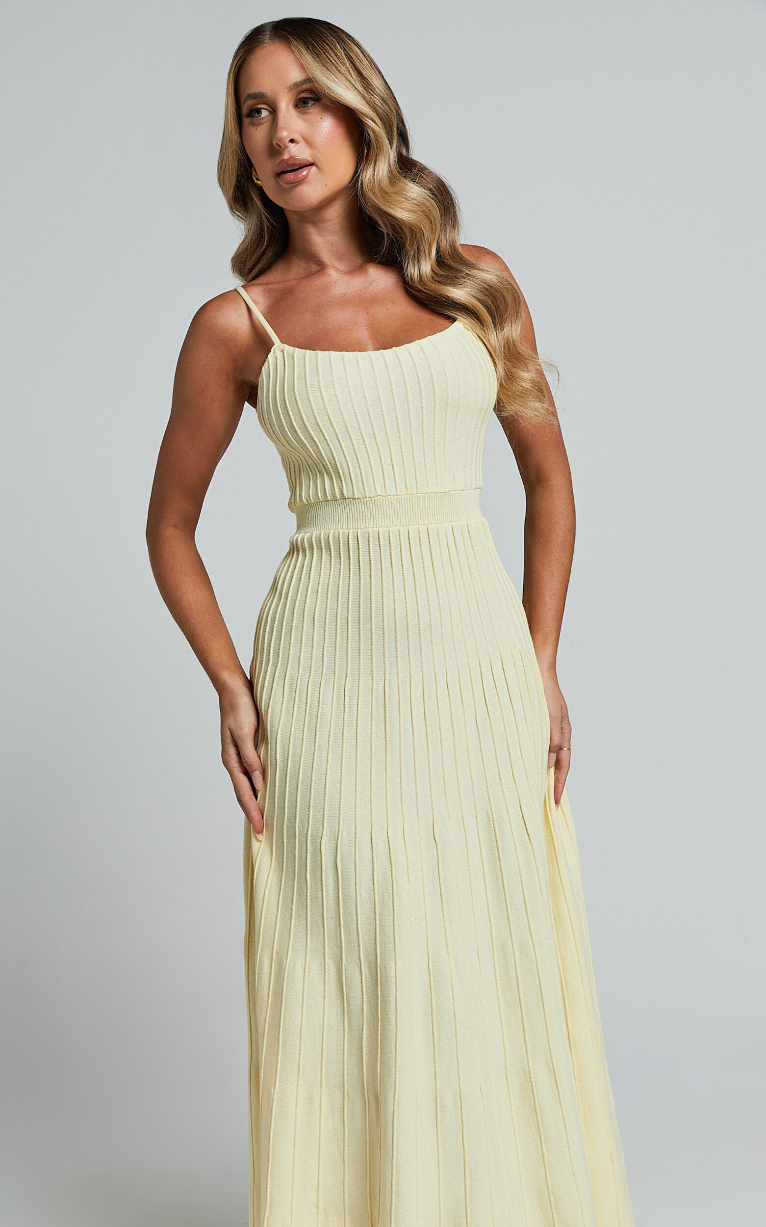 Donissa Midi Dress - Panelled Knit Dress in Butter Yellow