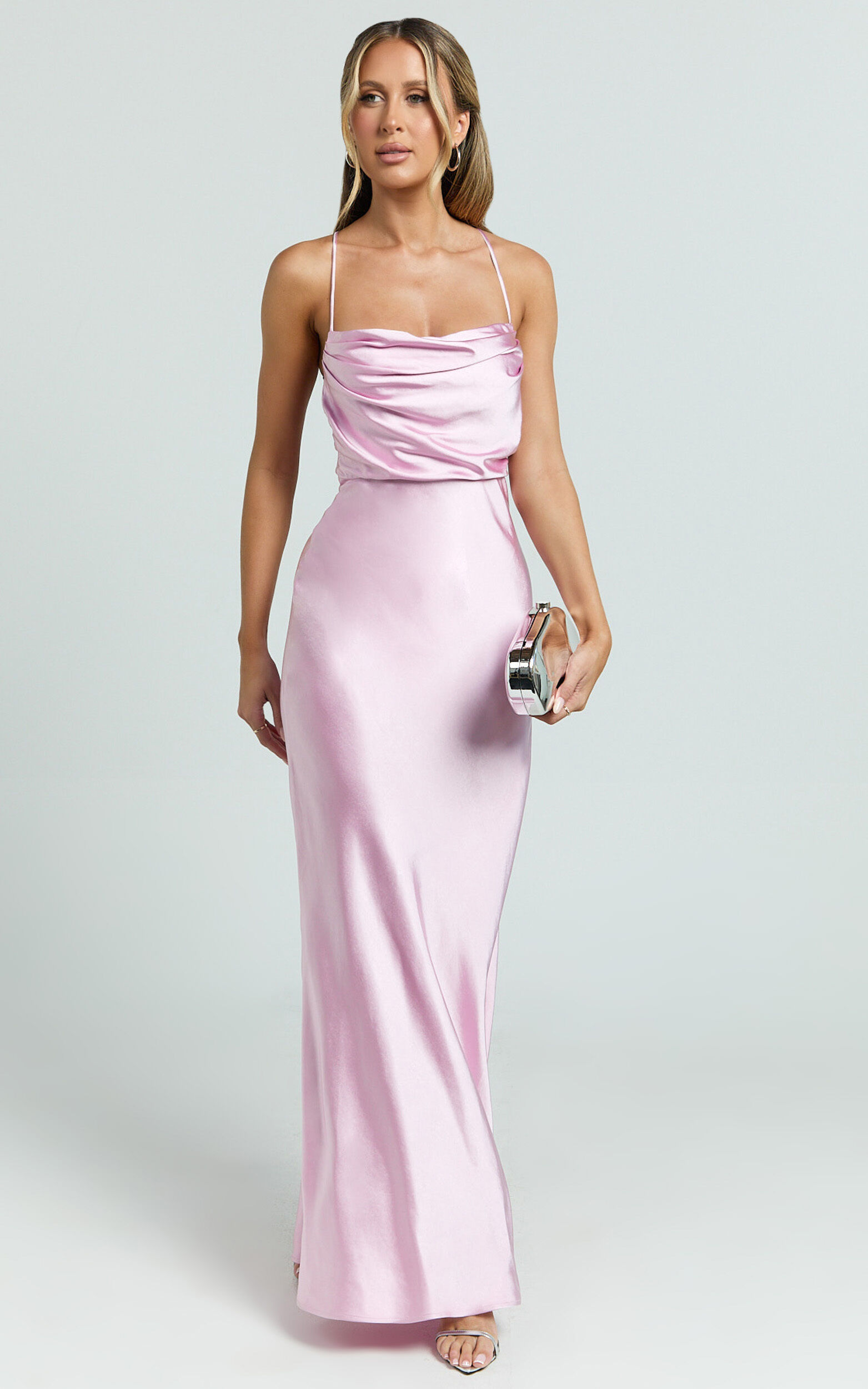 Hanna Maxi Dress - Satin Cowl Neck Low Back Dress in Pink