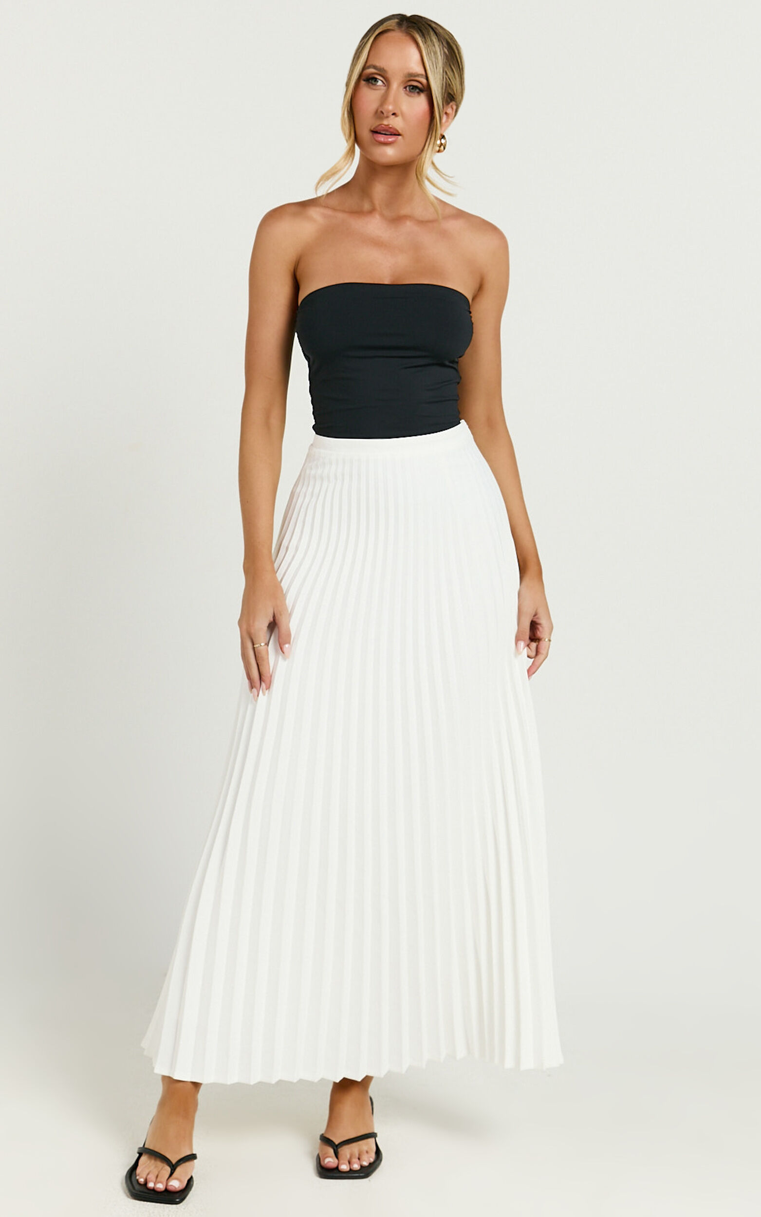 Harlee Midi Skirt - Pleated High Waist A Line Skirt in White
