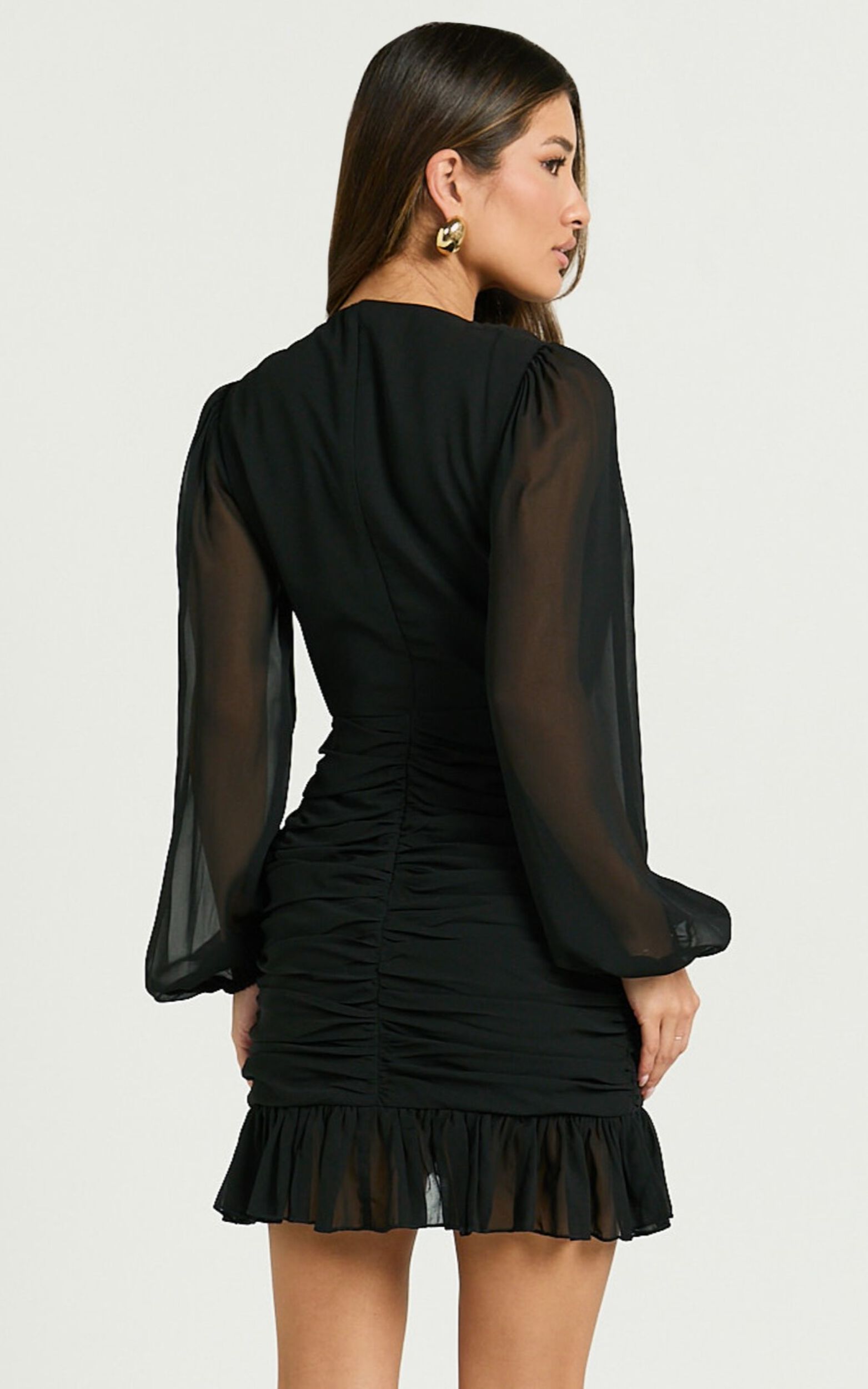 Can I Be Your Honey Mini Dress - Plunge Balloon Sleeve Dress in Black