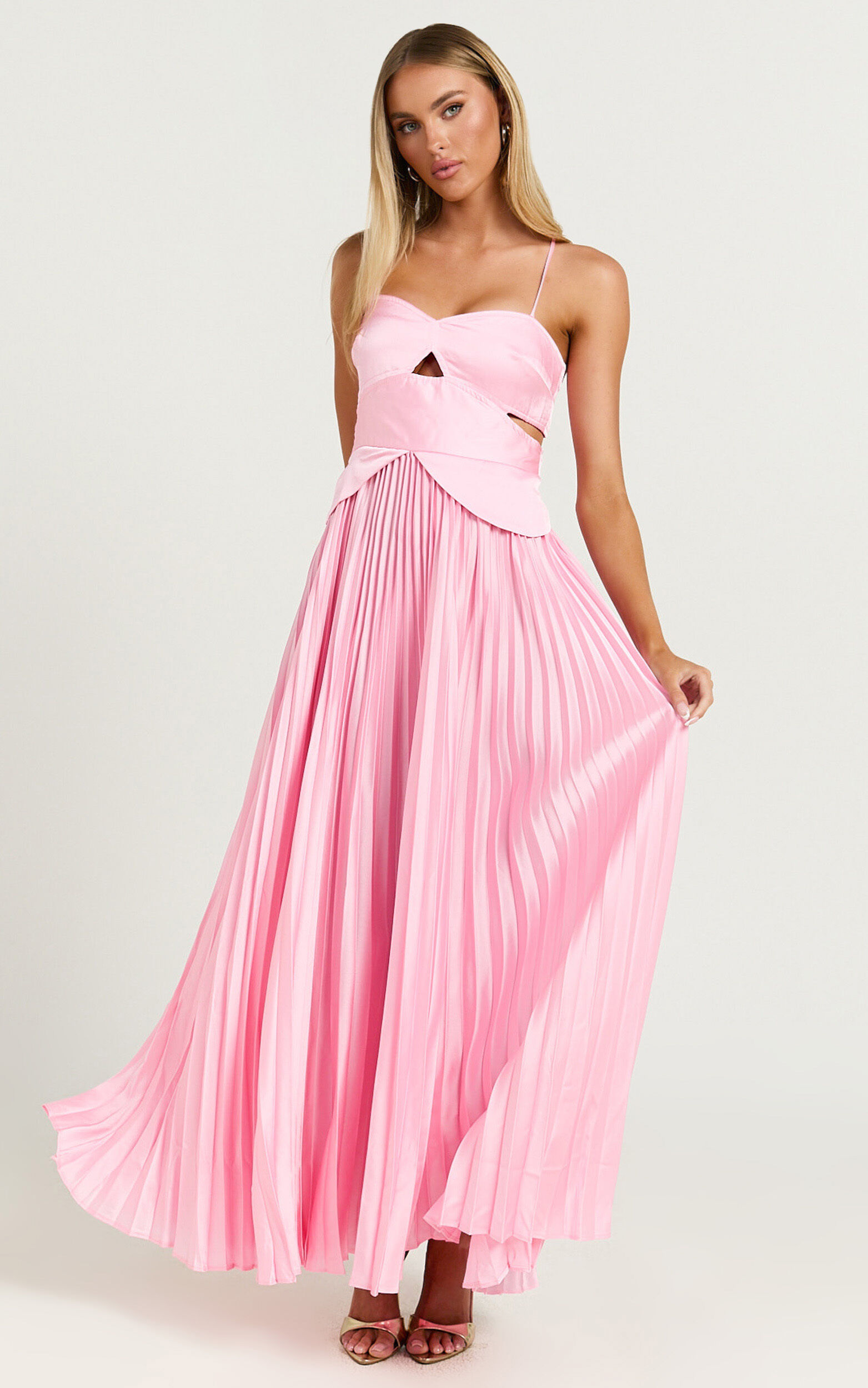 Shay Maxi Dress - Sweetheart Cut Out Pleated Dress in Pink