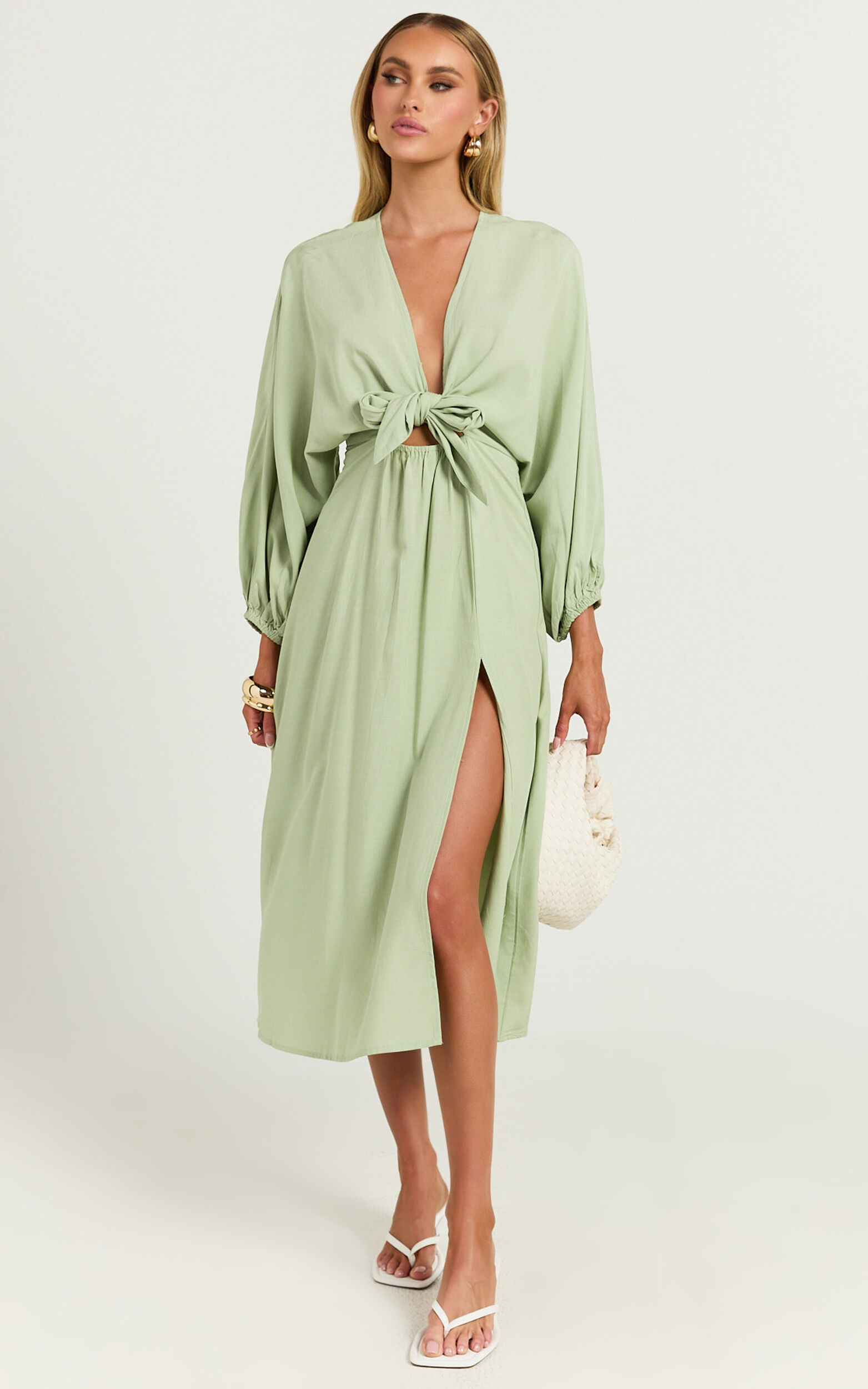 Tyricia Midi Dress - Long Sleeve Tie Front Cut Out Dress in Sage