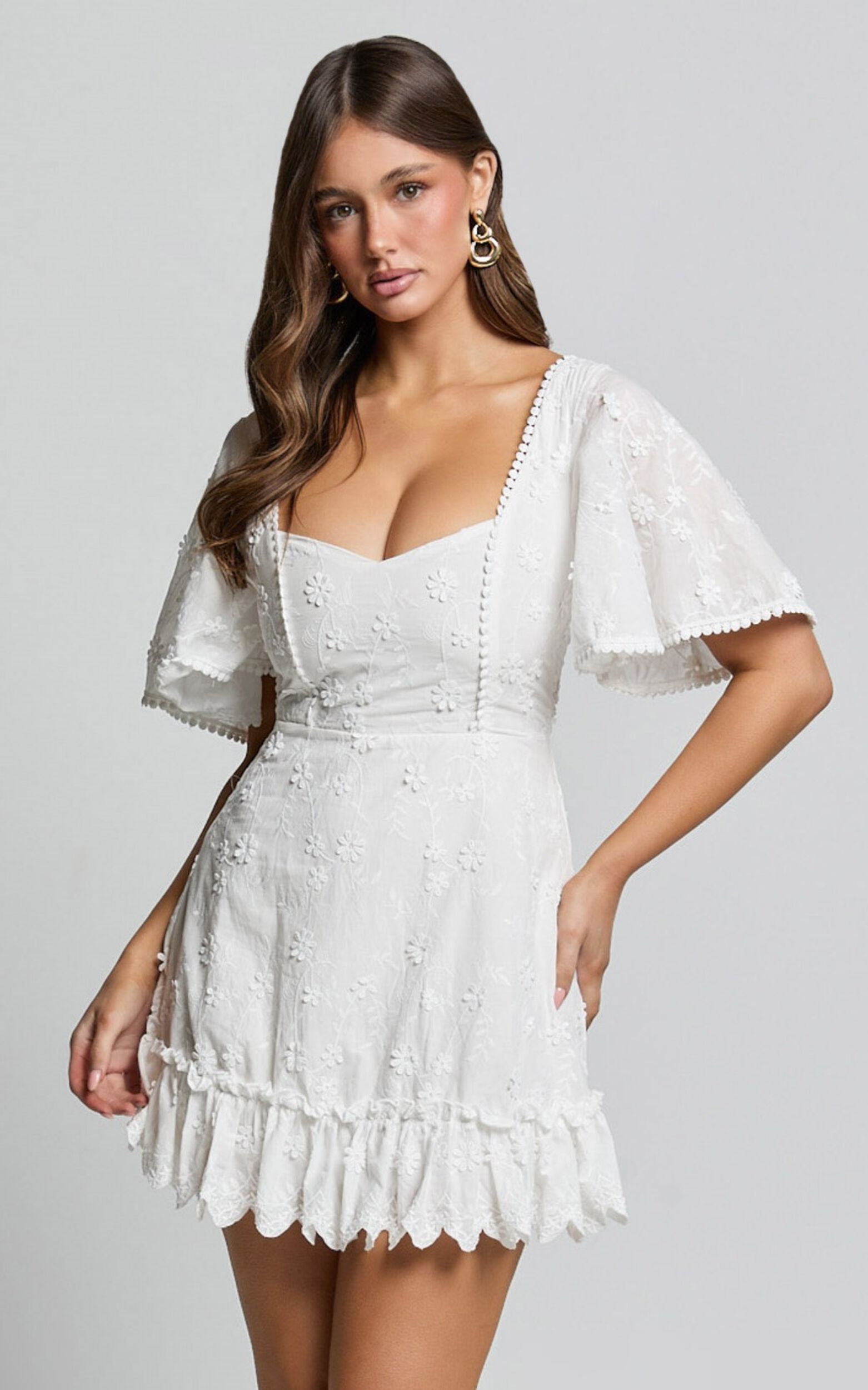 Fancy A Spritz Mini Dress - Square Neck Dress in White Embroidery