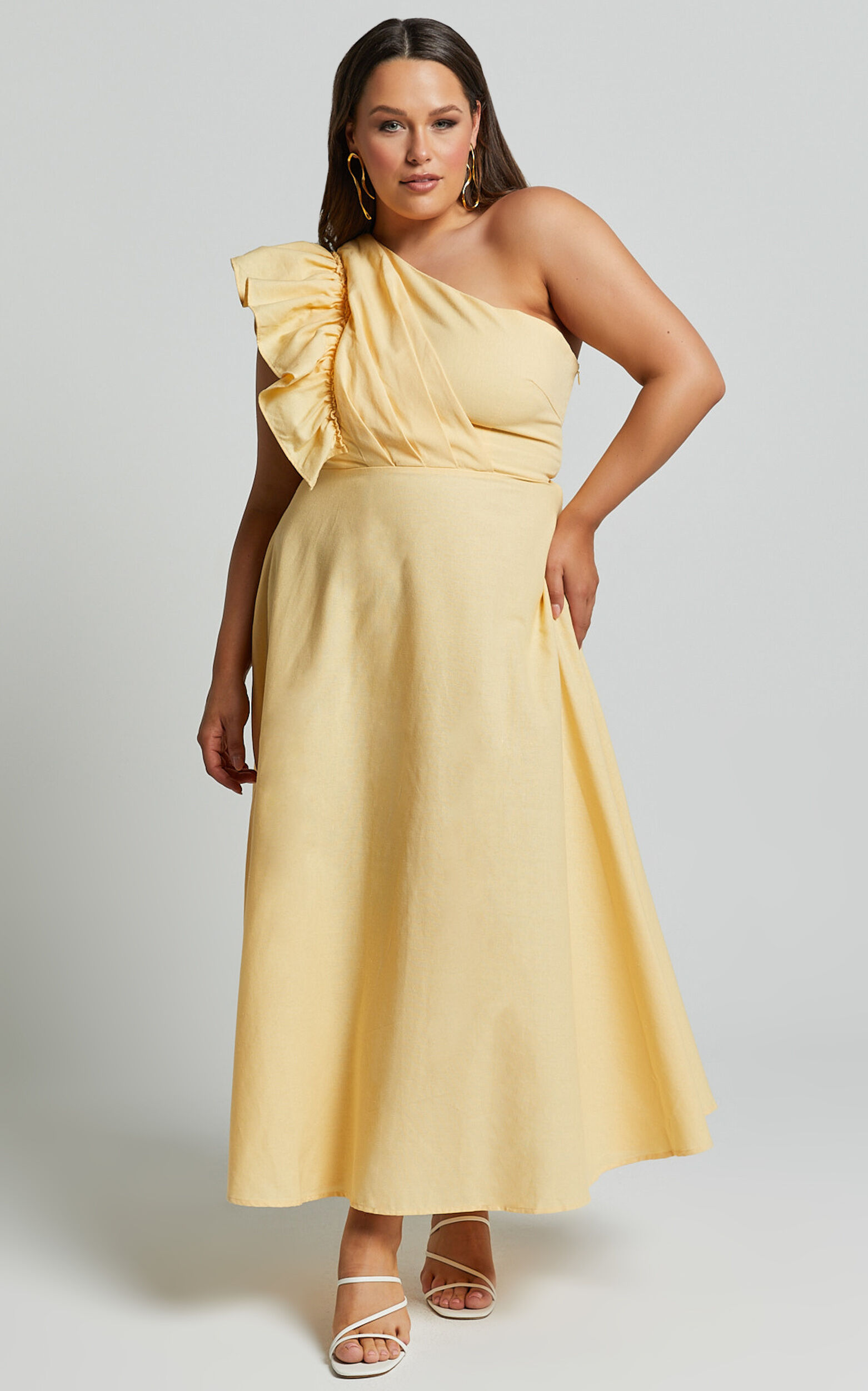 Dixie Midi Dress - Linen Look One Shoulder Ruffle Dress in Lemon