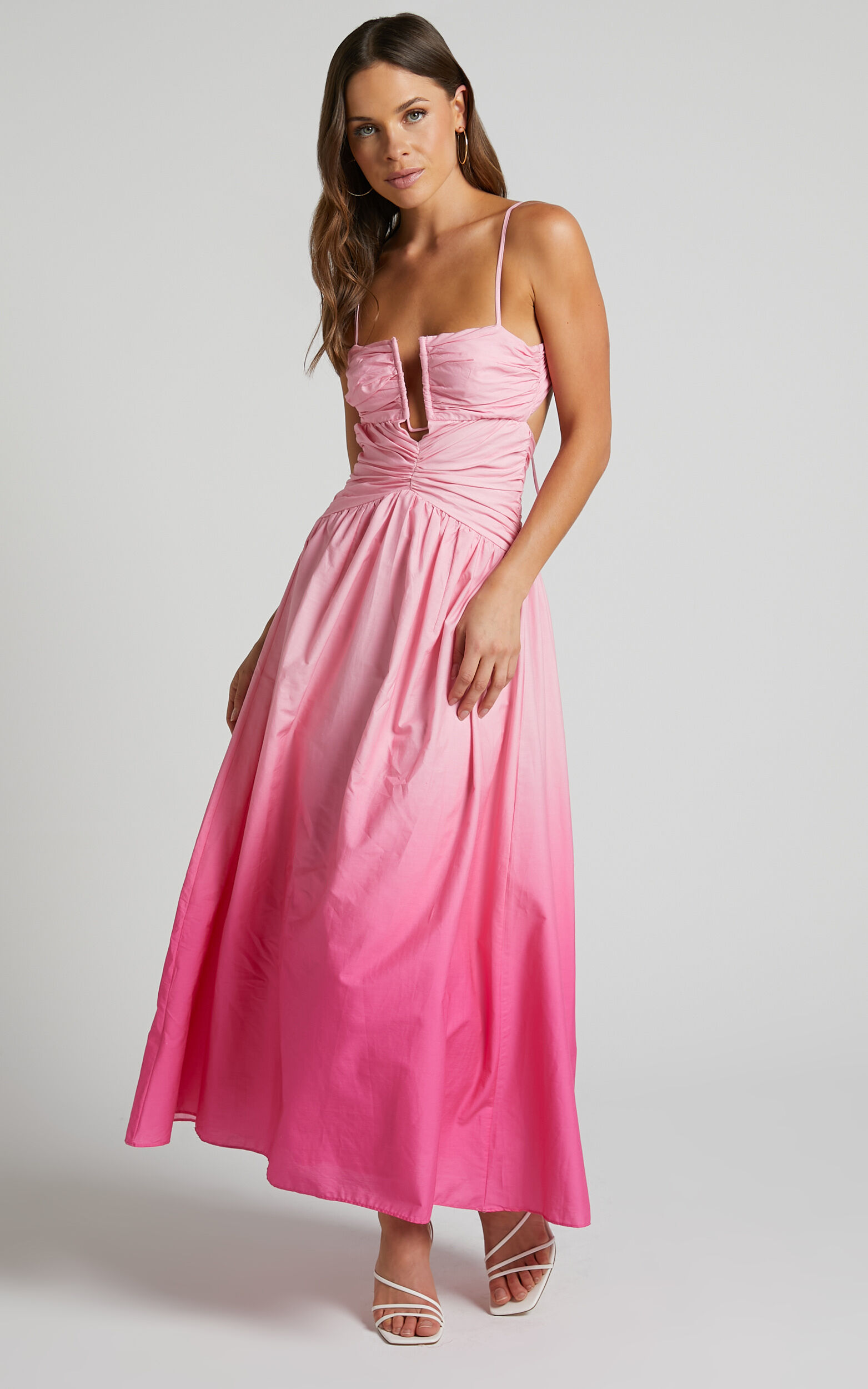 Gianna Midi Dress - Square Neck Cut Out Bust Fit and Flare Dress in Pink Ombre