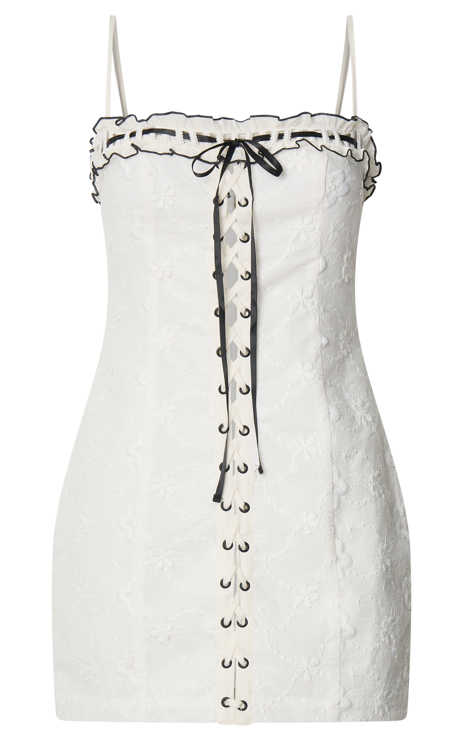 Gisele Mini Dress - Straight Neck Fitted Laced Front Dress in White