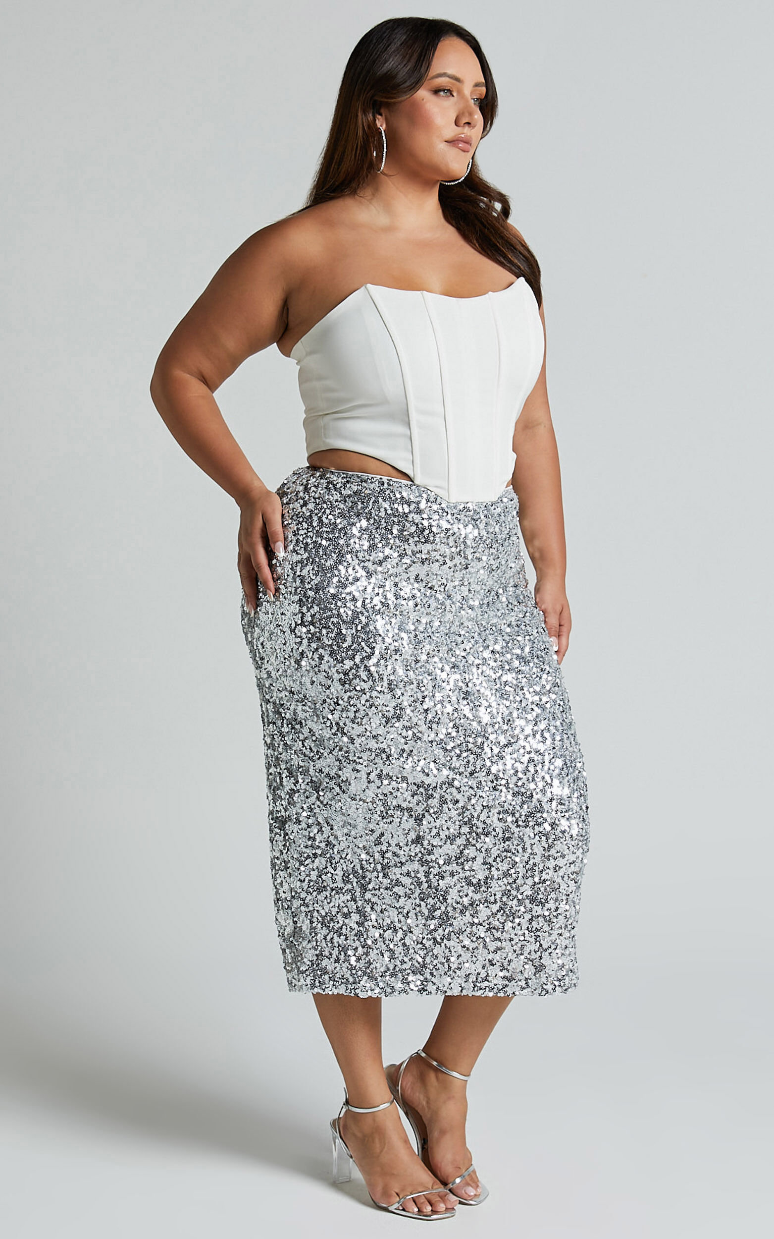 Hasley Midi Skirt - Sequin Bodycon Skirt in Silver