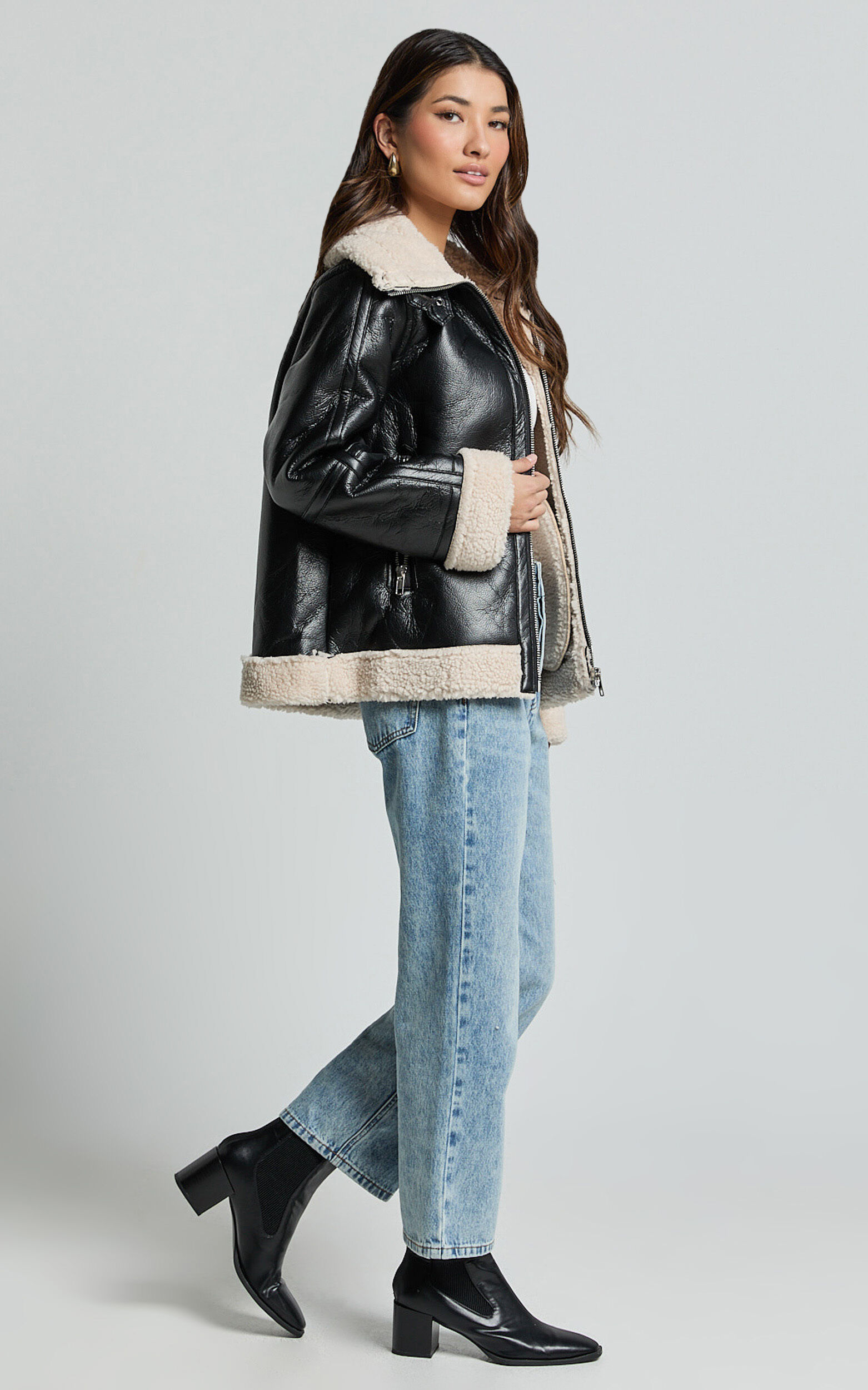 Willa Jacket - Faux Leather Shearling Aviator Jacket in Black