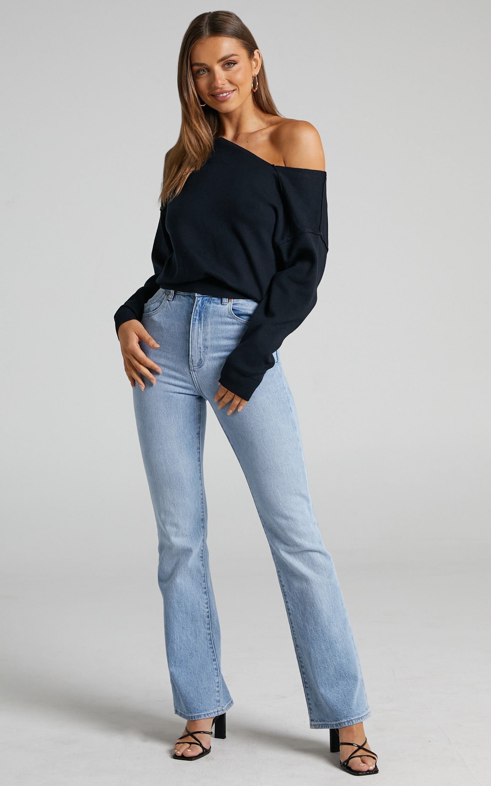 Kamille Top - Asymmetric Side Shoulder Knit Top in Black