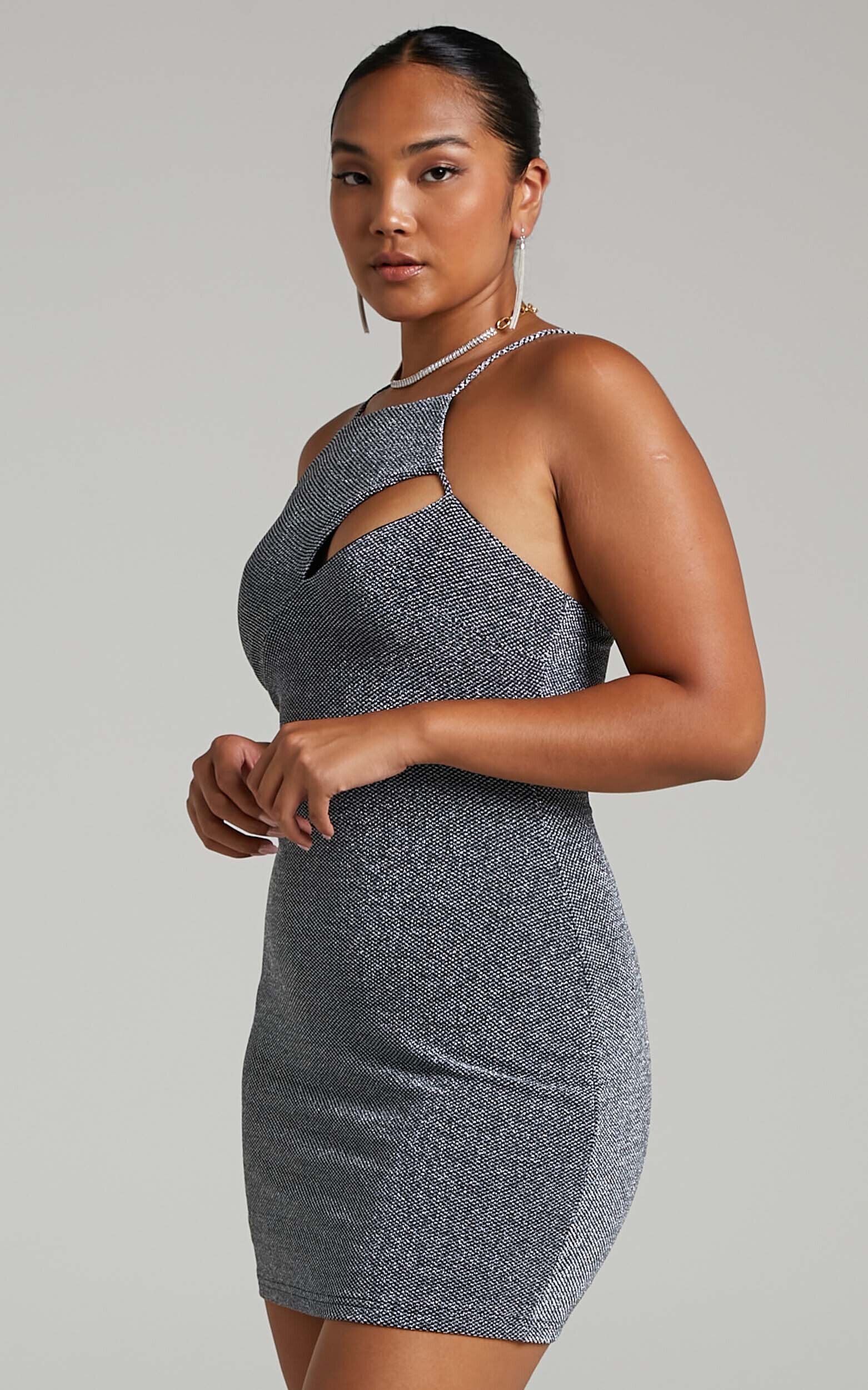 Emeraude Mini Dress - Split Bust Lurex Dress in Black and Silver