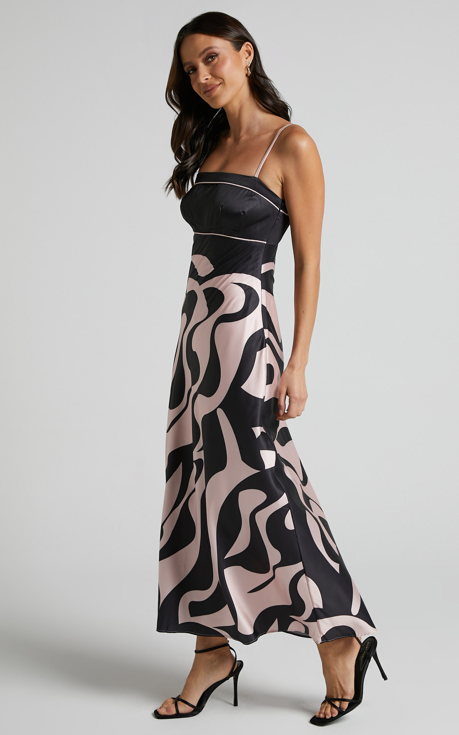 Angela Midi Dress - Thin Strap A Line Dress in Black & Cream Swirl