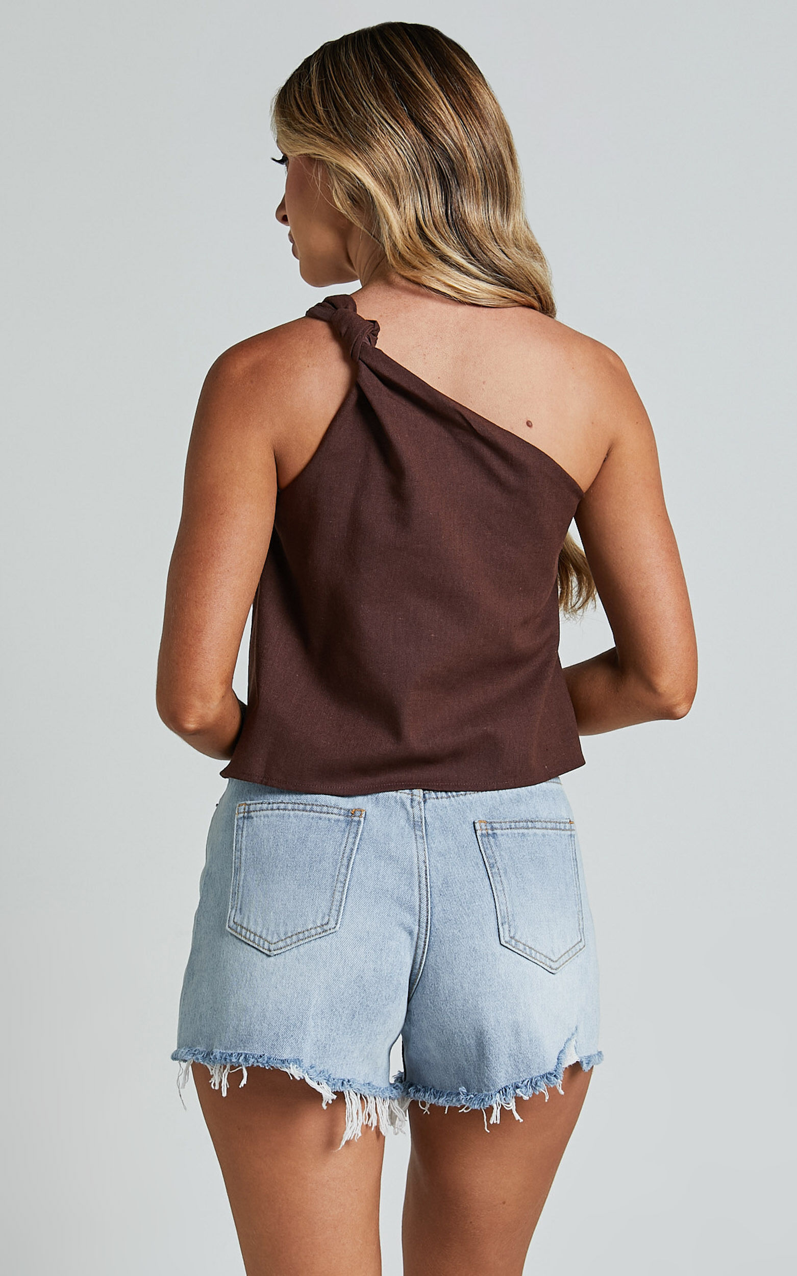 Analia Top - Linen Look One Shoulder Knot Detail Top in Chocolate