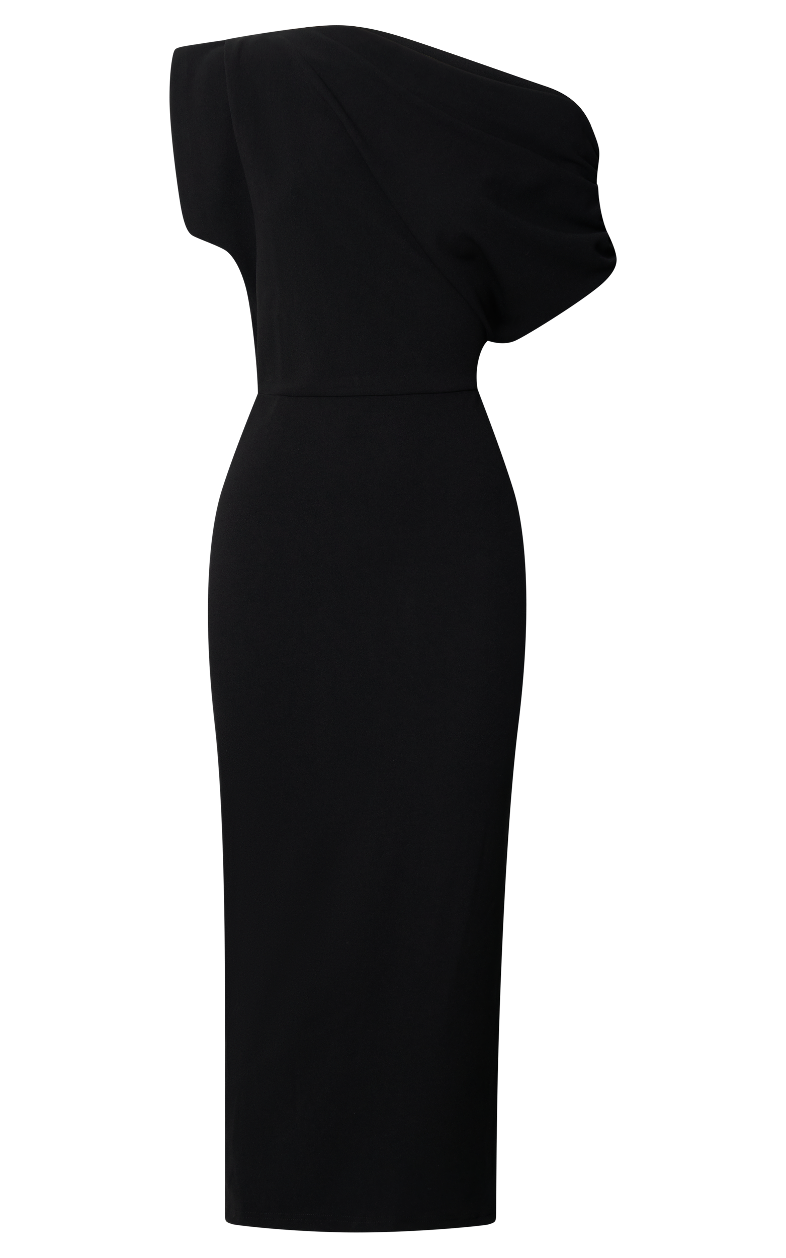 Nalfie Midi Dress - Tipped Shoulder Jersey Drape Dress in Black