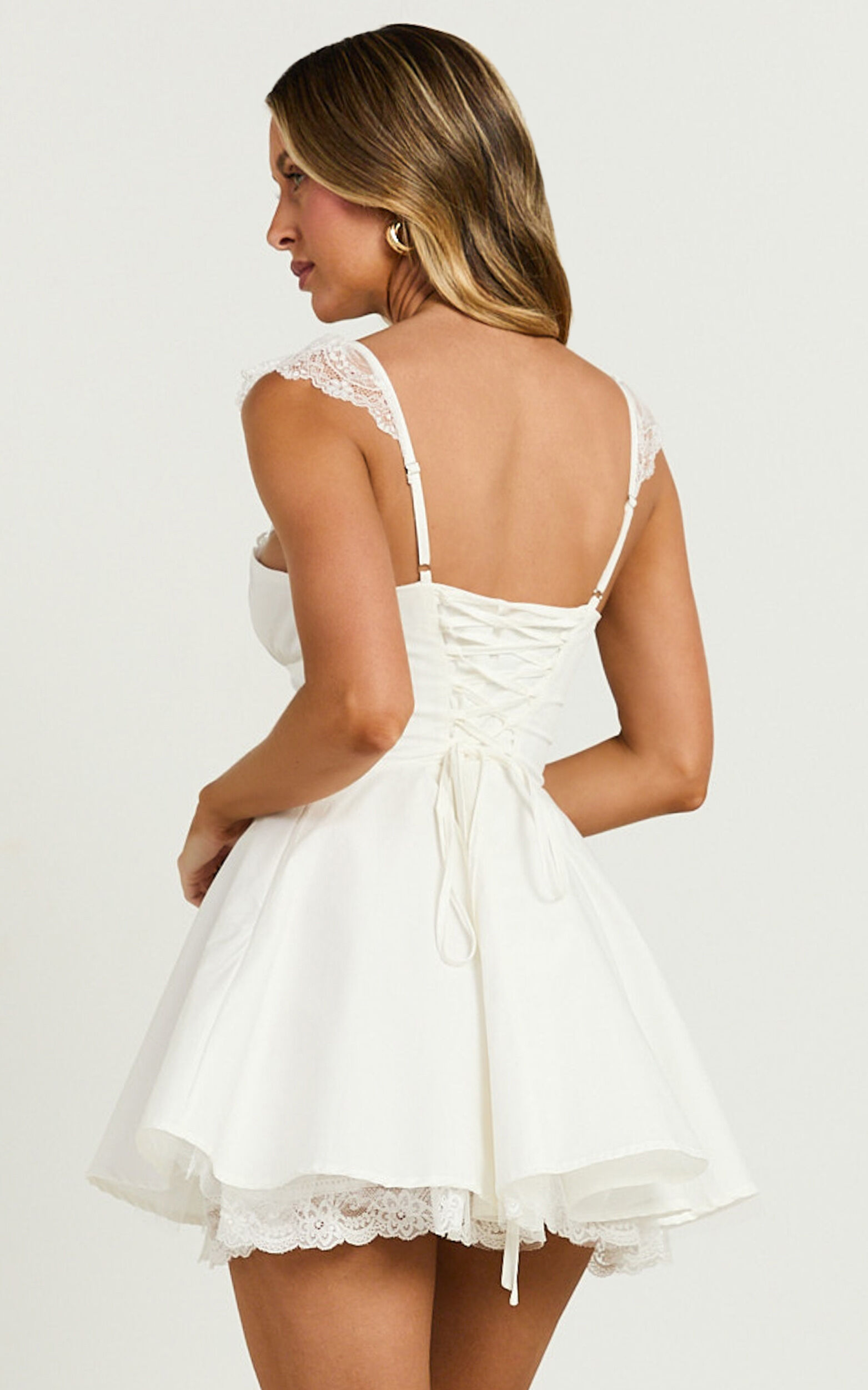 Adalee Mini Dress - Sleeveless Ruched Bodice Lace Trim Dress in Off White