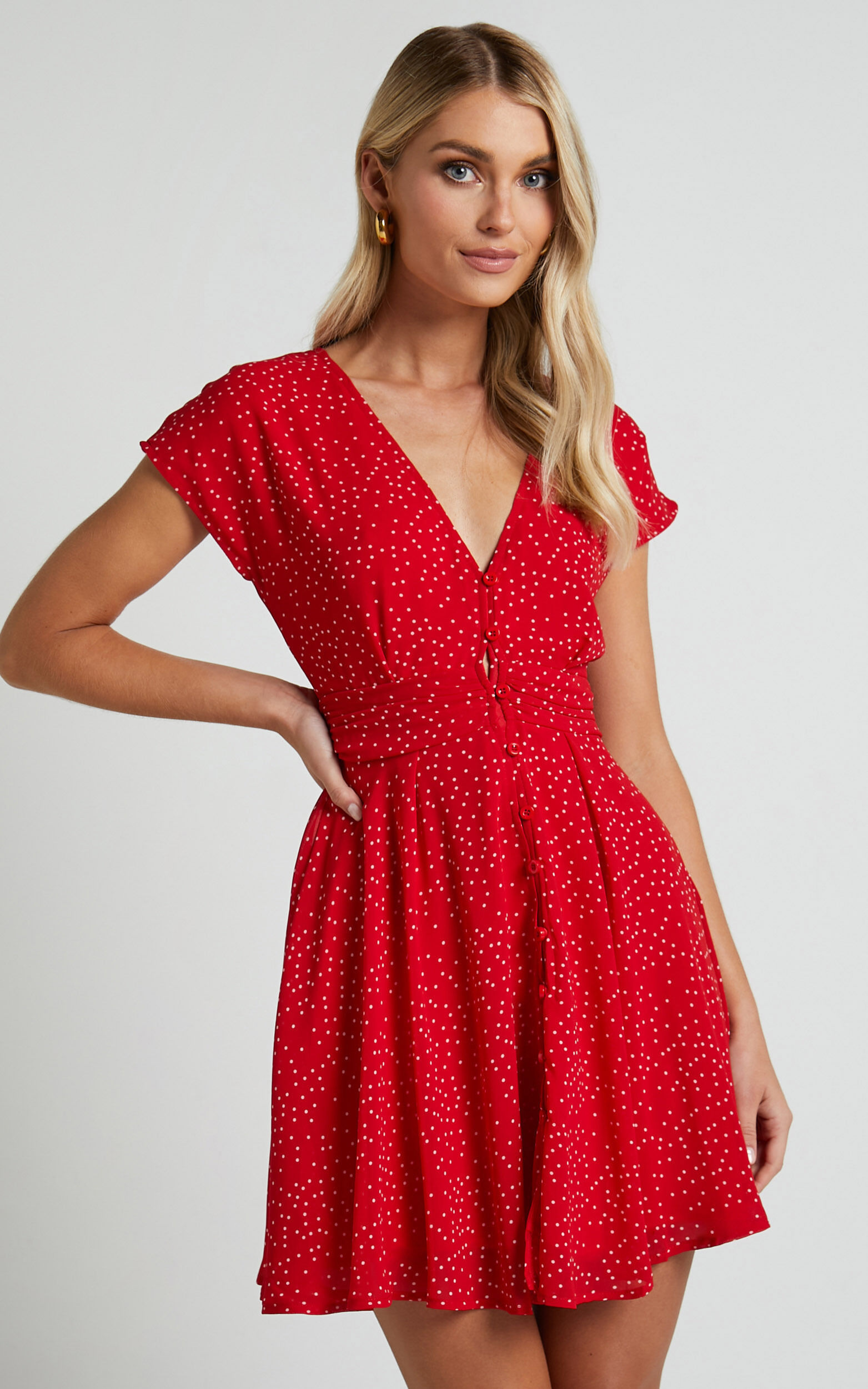 Hey Now Mini Dress - A line Dress in Red Spot
