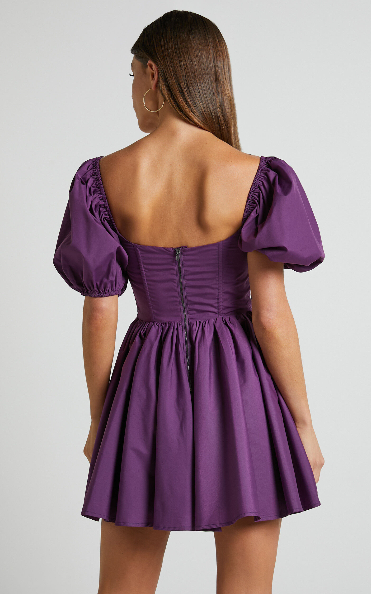 Souza Mini Dress - Fit and Flare Puff Sleeve Corset Dress in Dark Amethyst