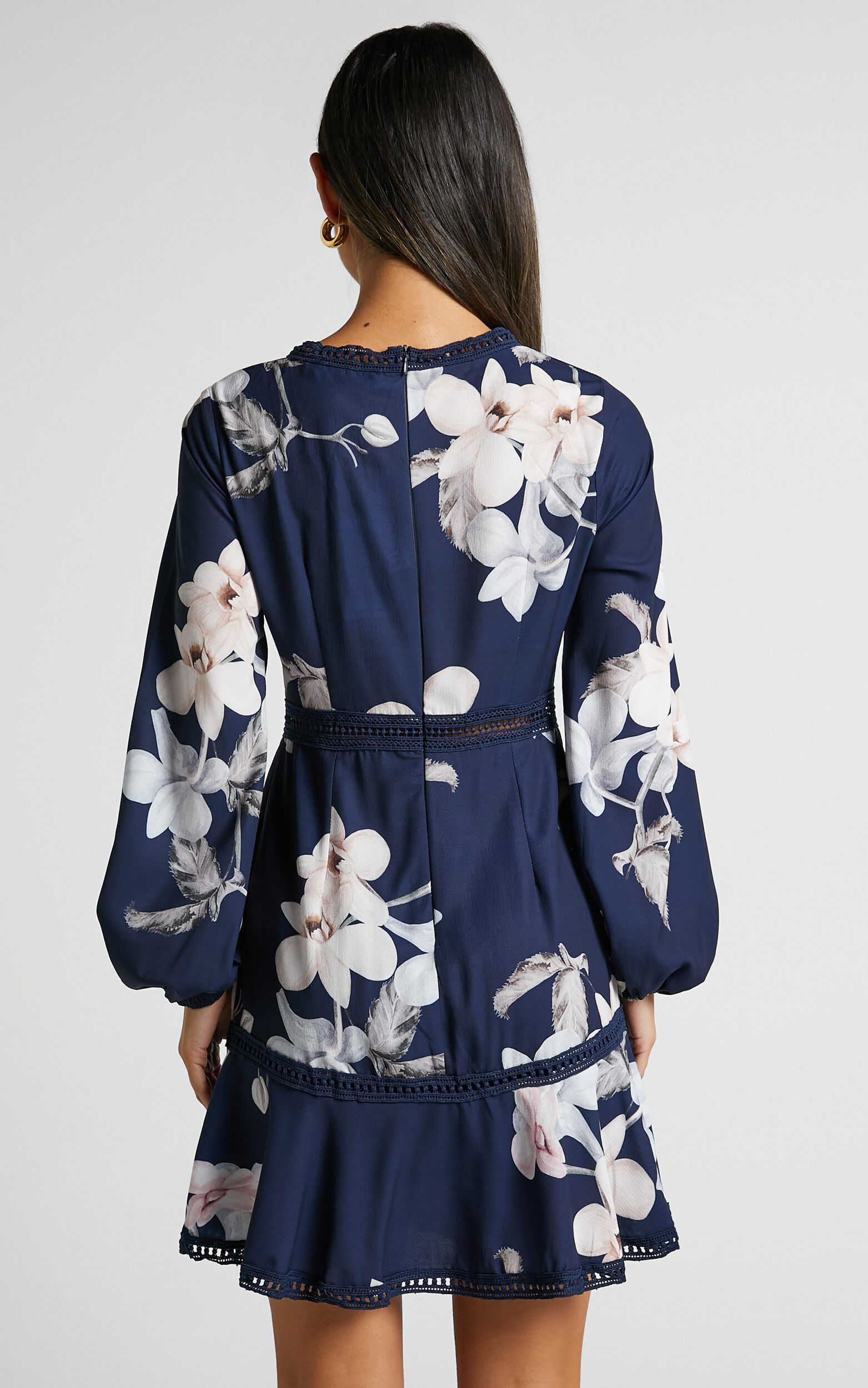 Not Missing Out Mini Dress - Long Puff Sleeve Dress in Navy Floral