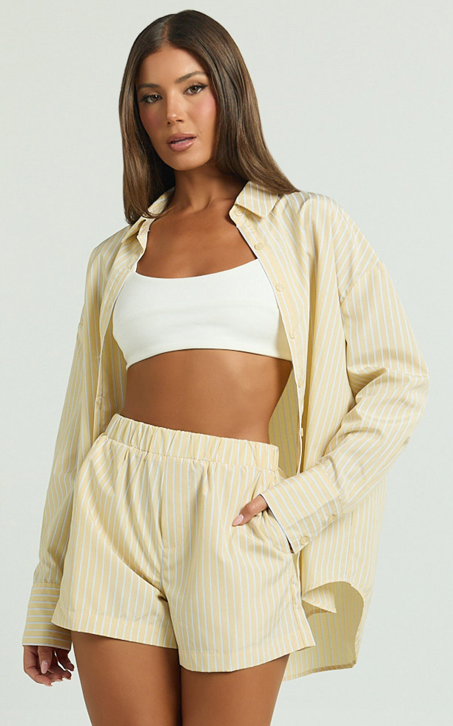 Chaemay Shorts - High Waisted A-Line Boxer Shorts in Lemon Stripe