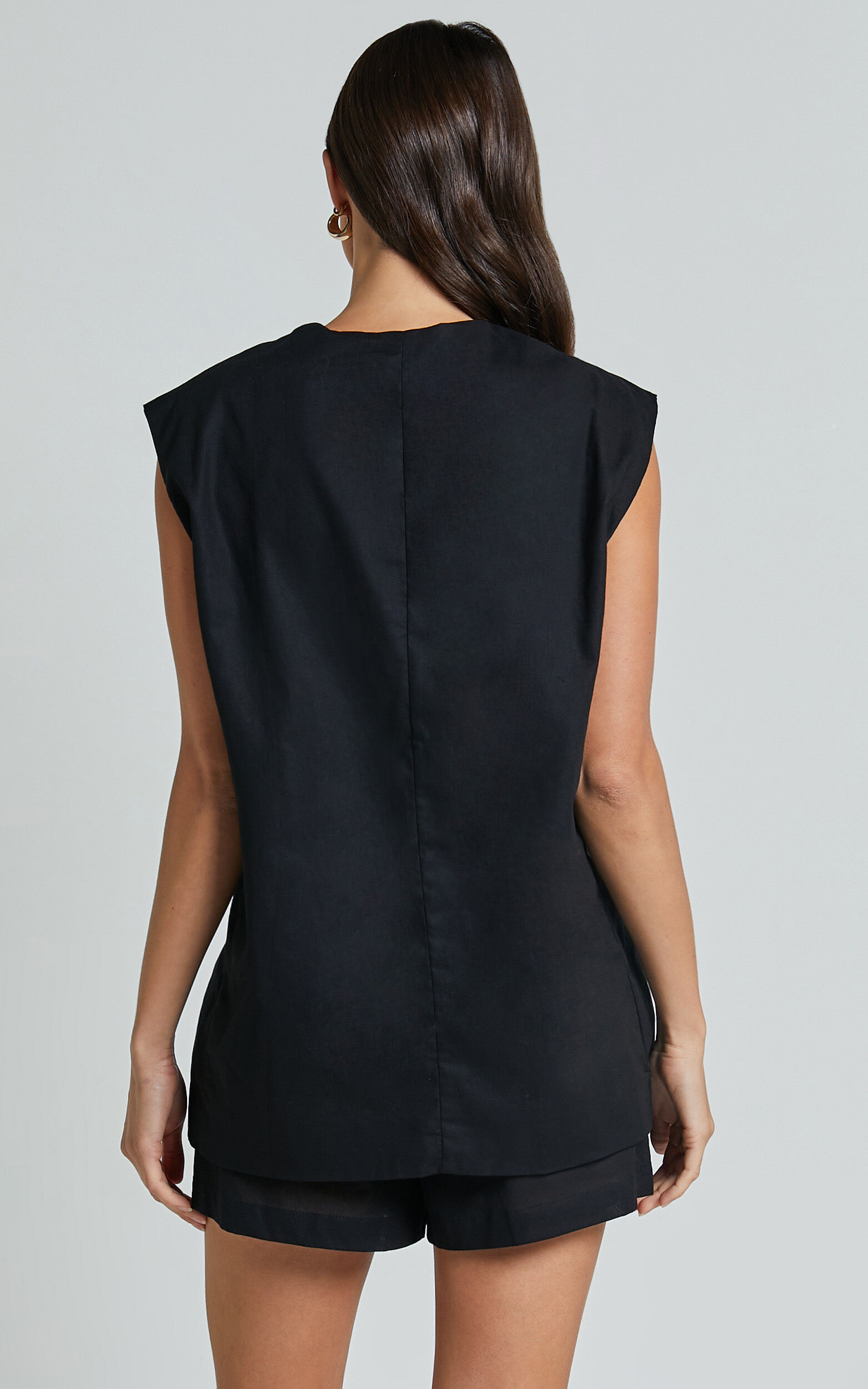 Marlee Two Piece Set - Linen Button Through Vest and Shorts Set in Black