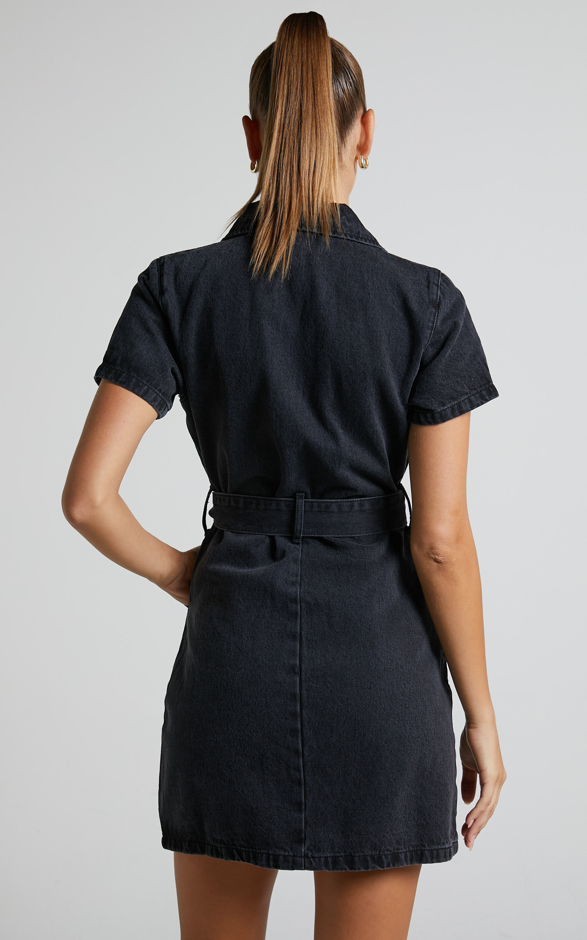 Nandini Mini Dress - Zip Through Denim Dress in Black Wash
