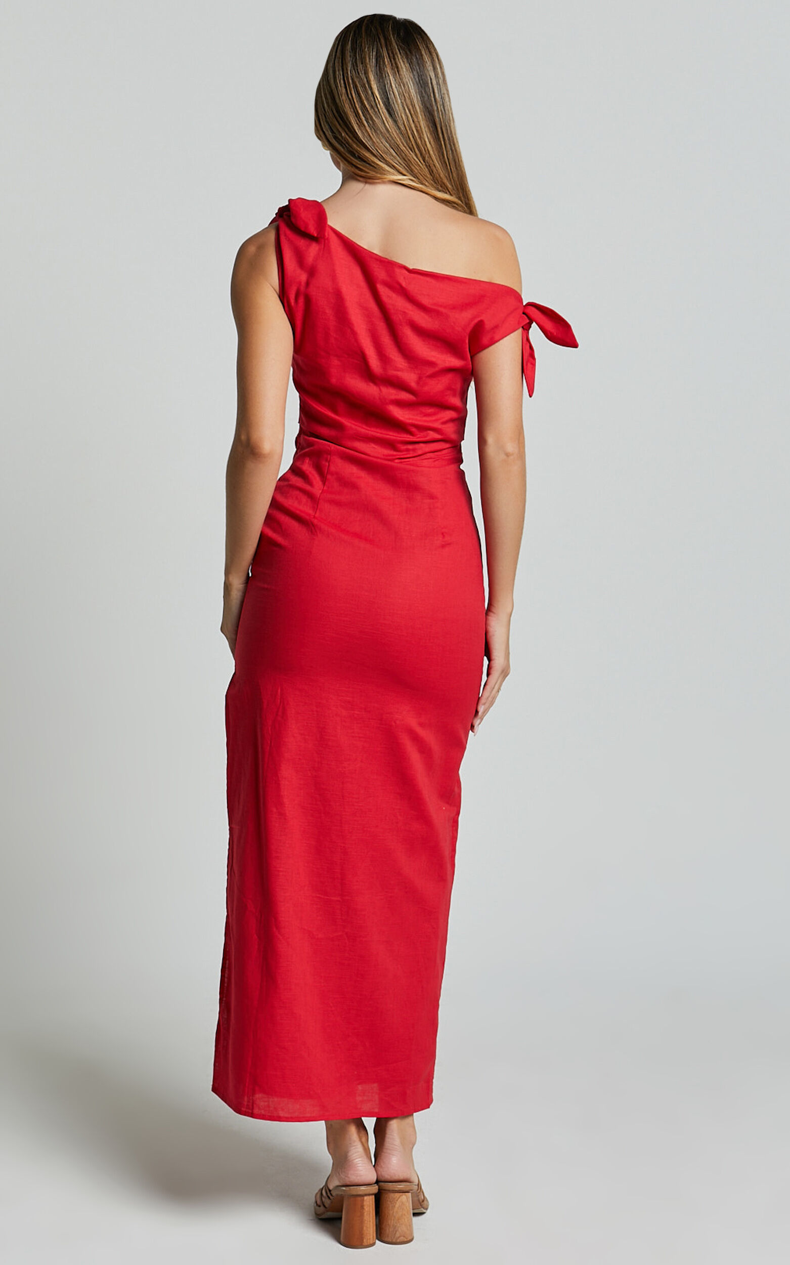 Cincinnati Midi Dress - Off The Shoulder Side Split Column Linen Dress in Red