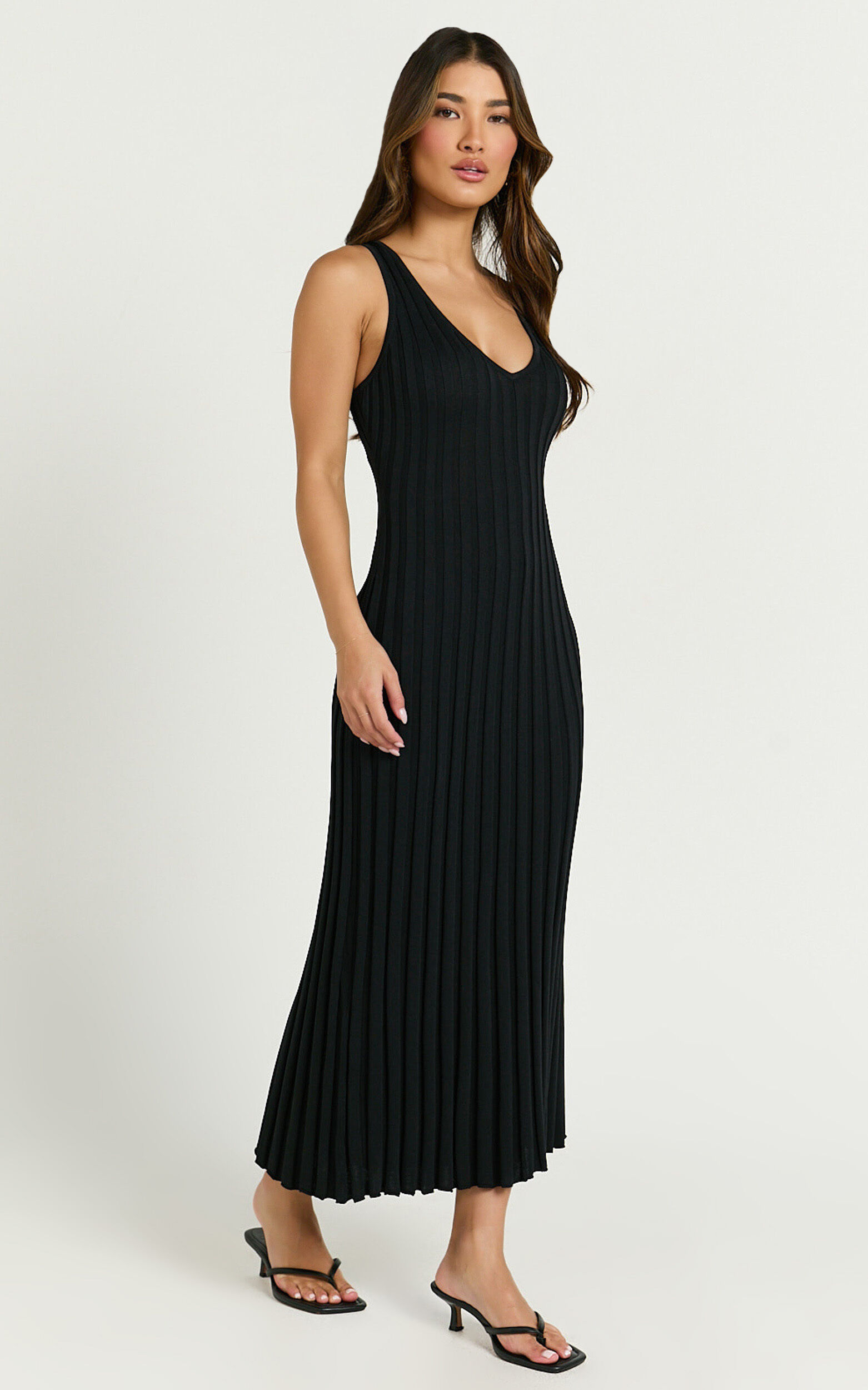 Maya Midi Knit Dress - Sleeveless V Neck Knited Dress in Black