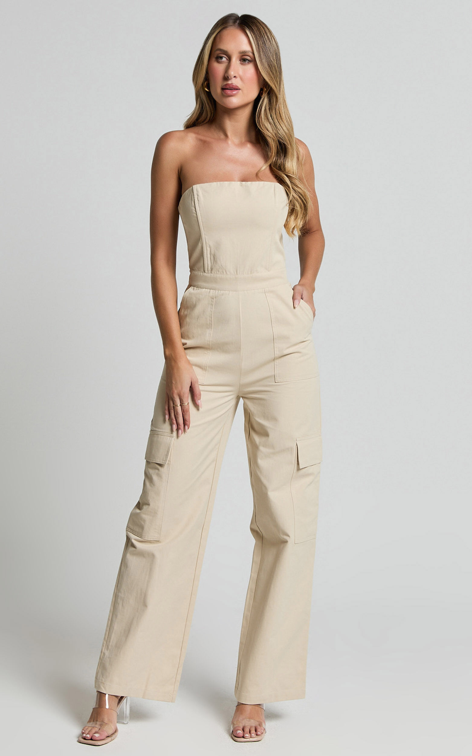 Nellia Jumpsuit - Strapless Straight Leg Cargo Jumpsuit in Stone