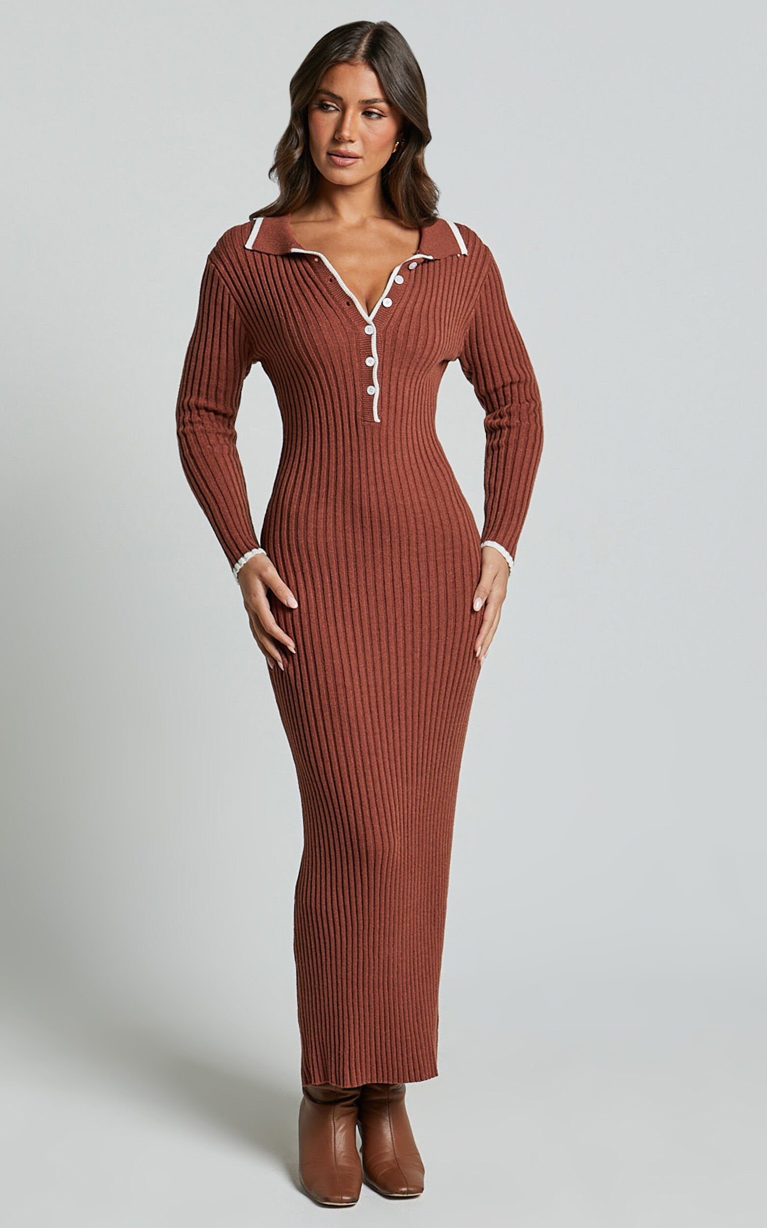 Becky Midi Dress - Button Front Contrast Knit Midi Dress in Chocolate
