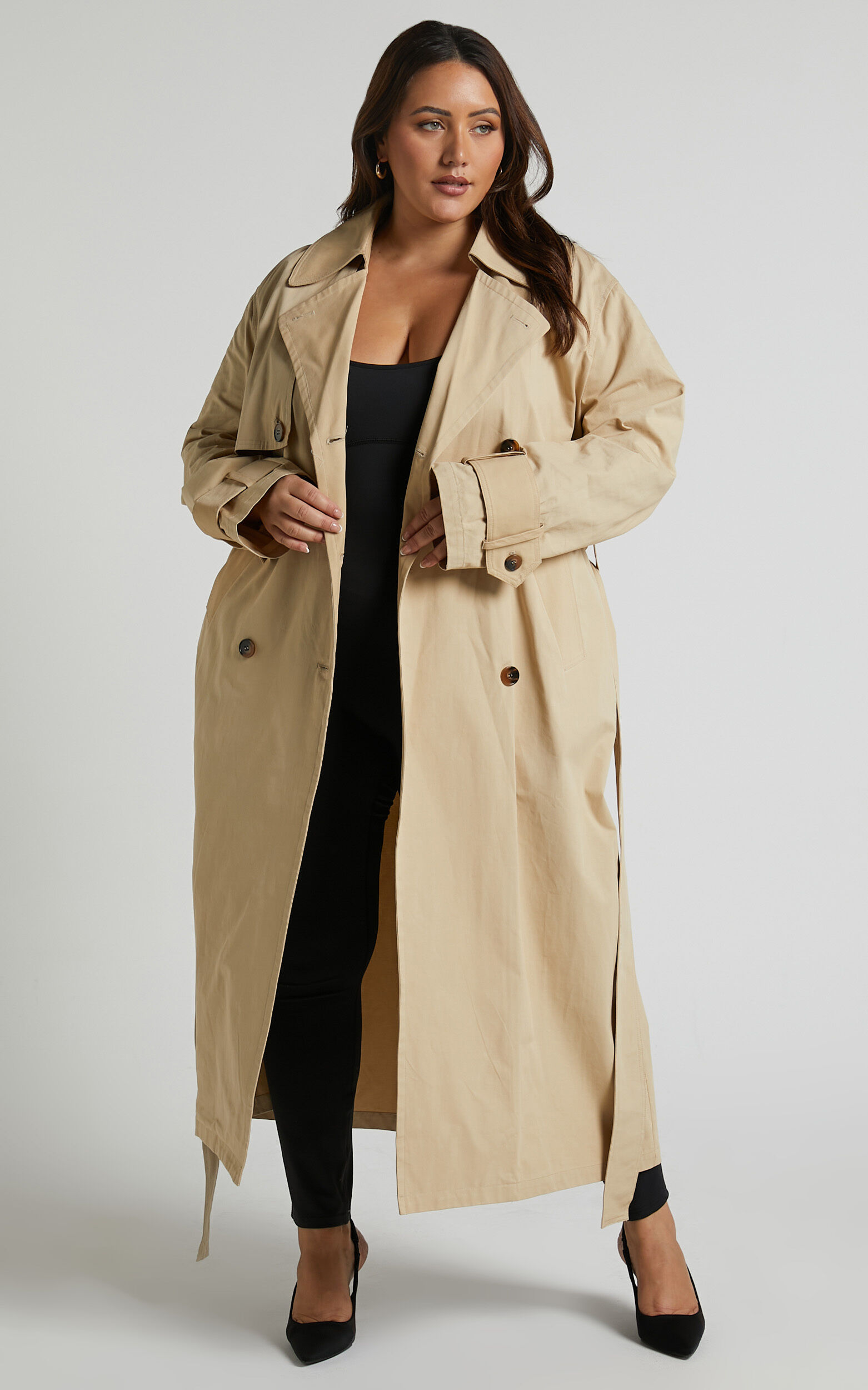 Avah Trench Coat - Double Breasted Tie Waist Coat in Camel