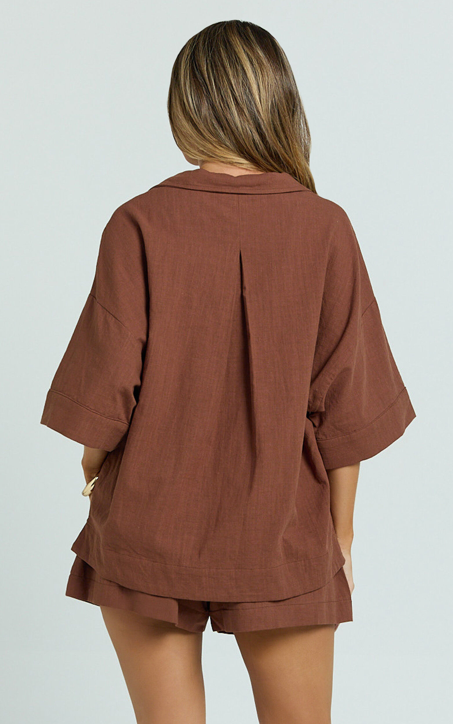 Saina Two Piece Set - Button Through Shirt and Drawstring Shorts Set in Chocolate