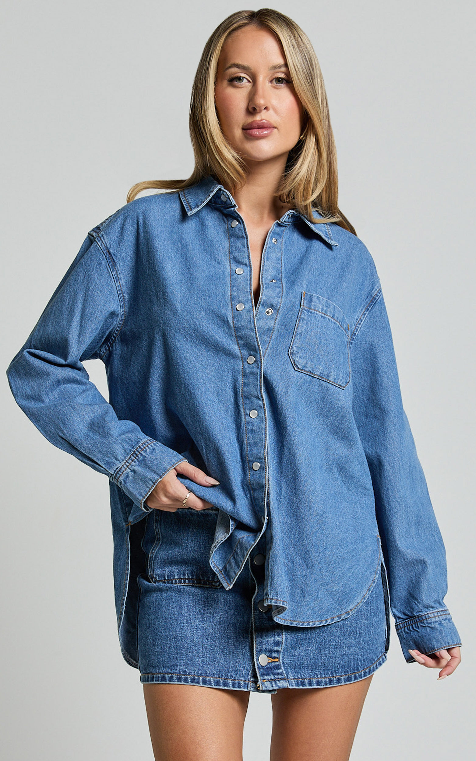 Collins Top - Long Sleeve Button Through Denim Shirt in Mid Blue Wash