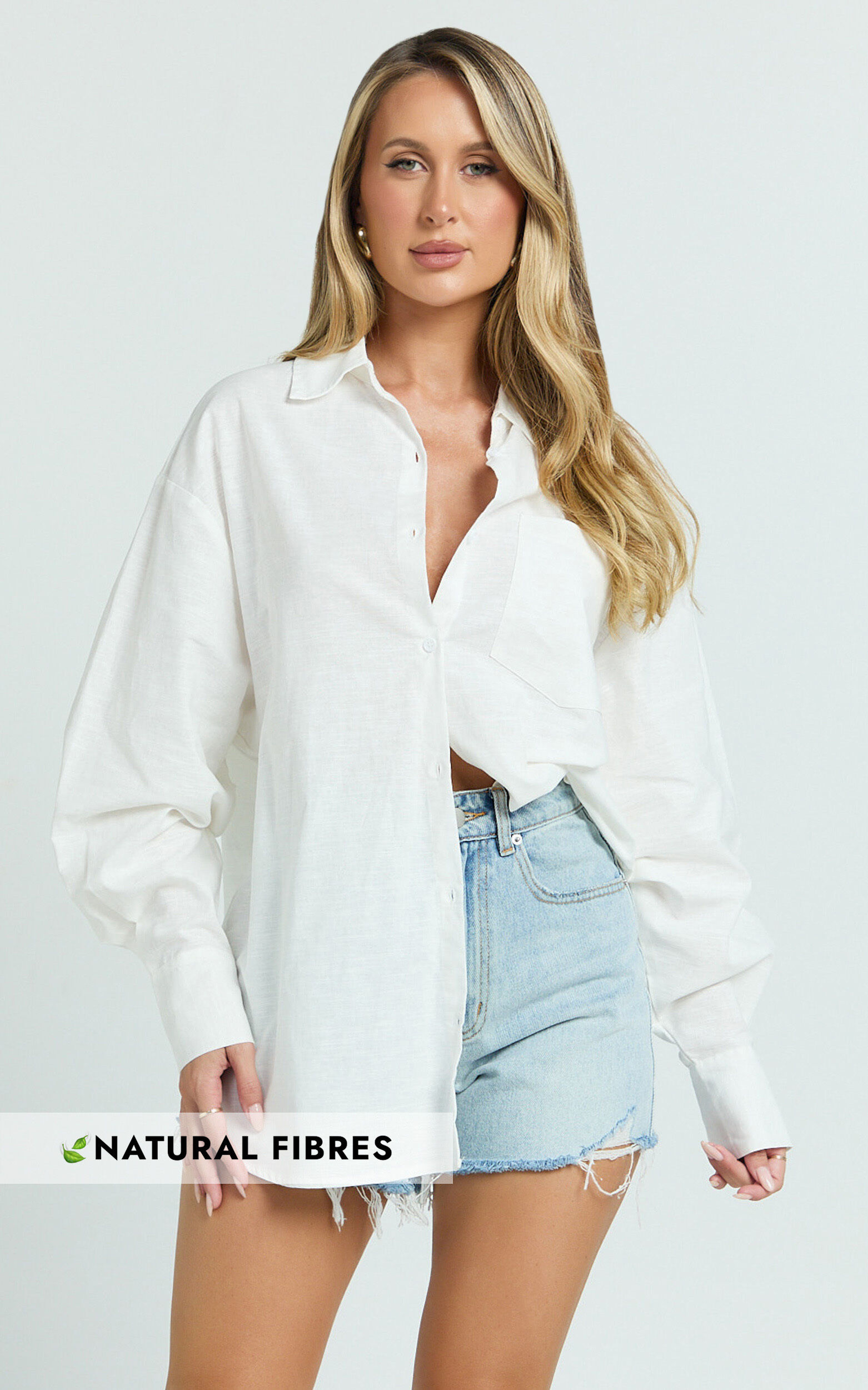 Anziel Top - Oversized Long Sleeve Linen Blend Shirt in White