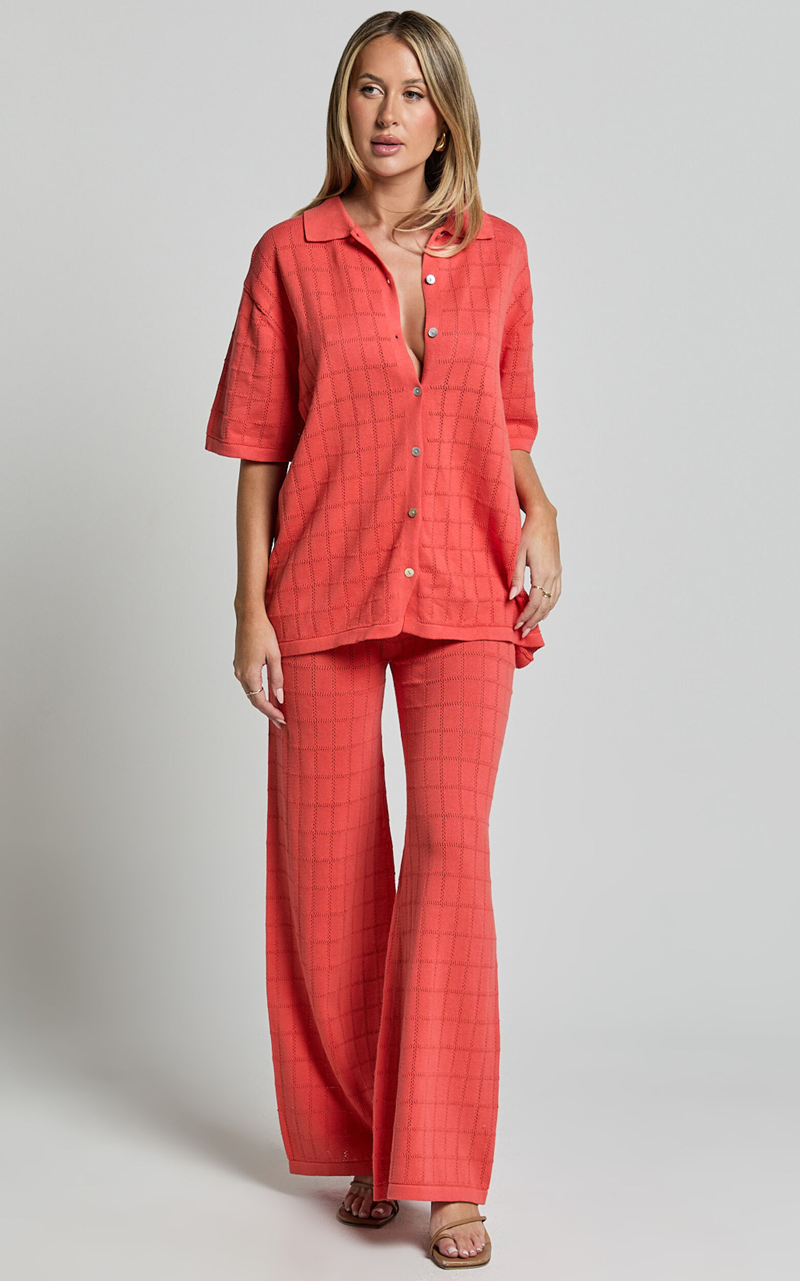 Tommy Two Piece Set - Knit Button Through Top and Pants Two Piece Set in Coral