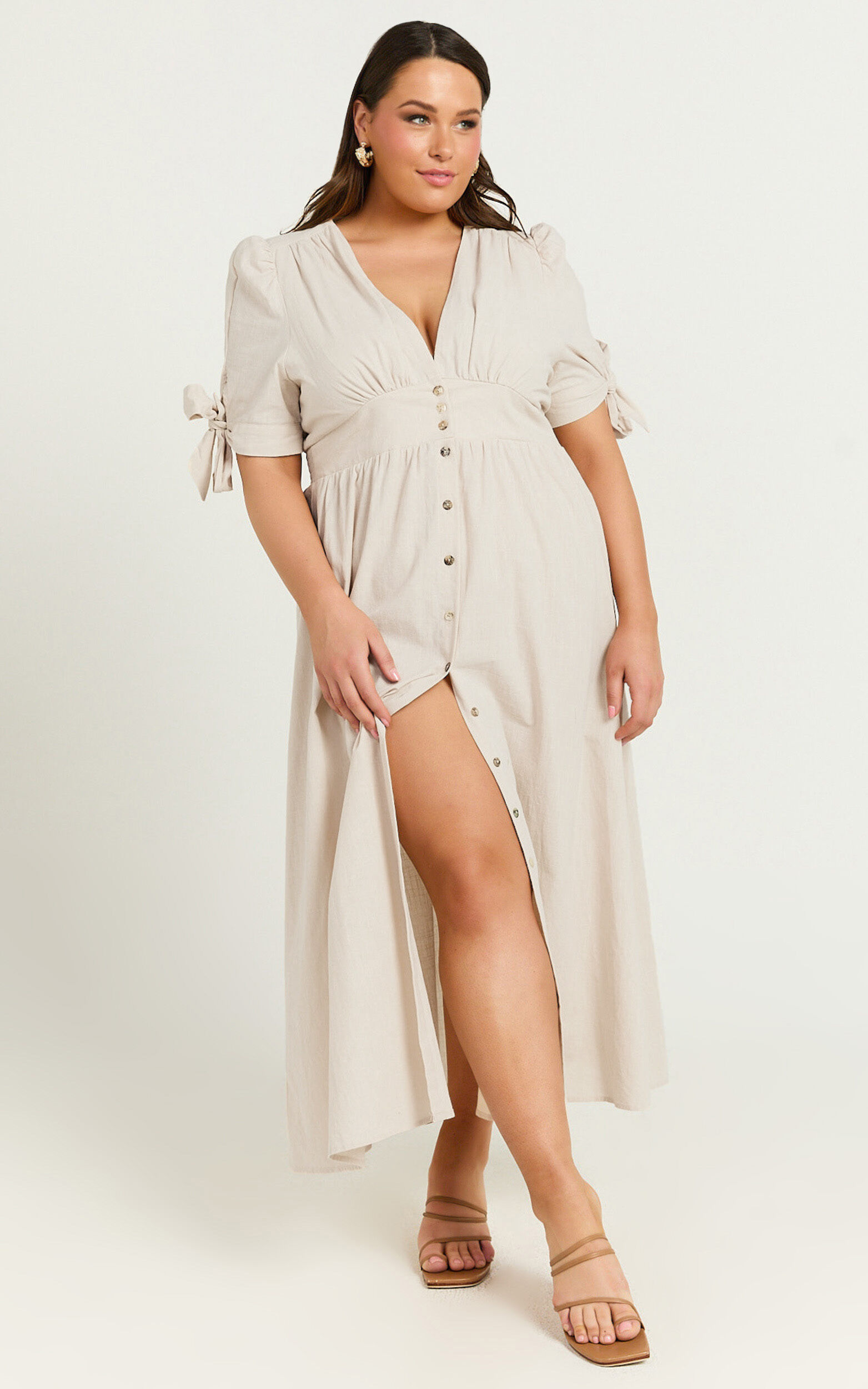 Avegail Midi Dress - V Neck Button Through Short Sleeve Dress in Bone