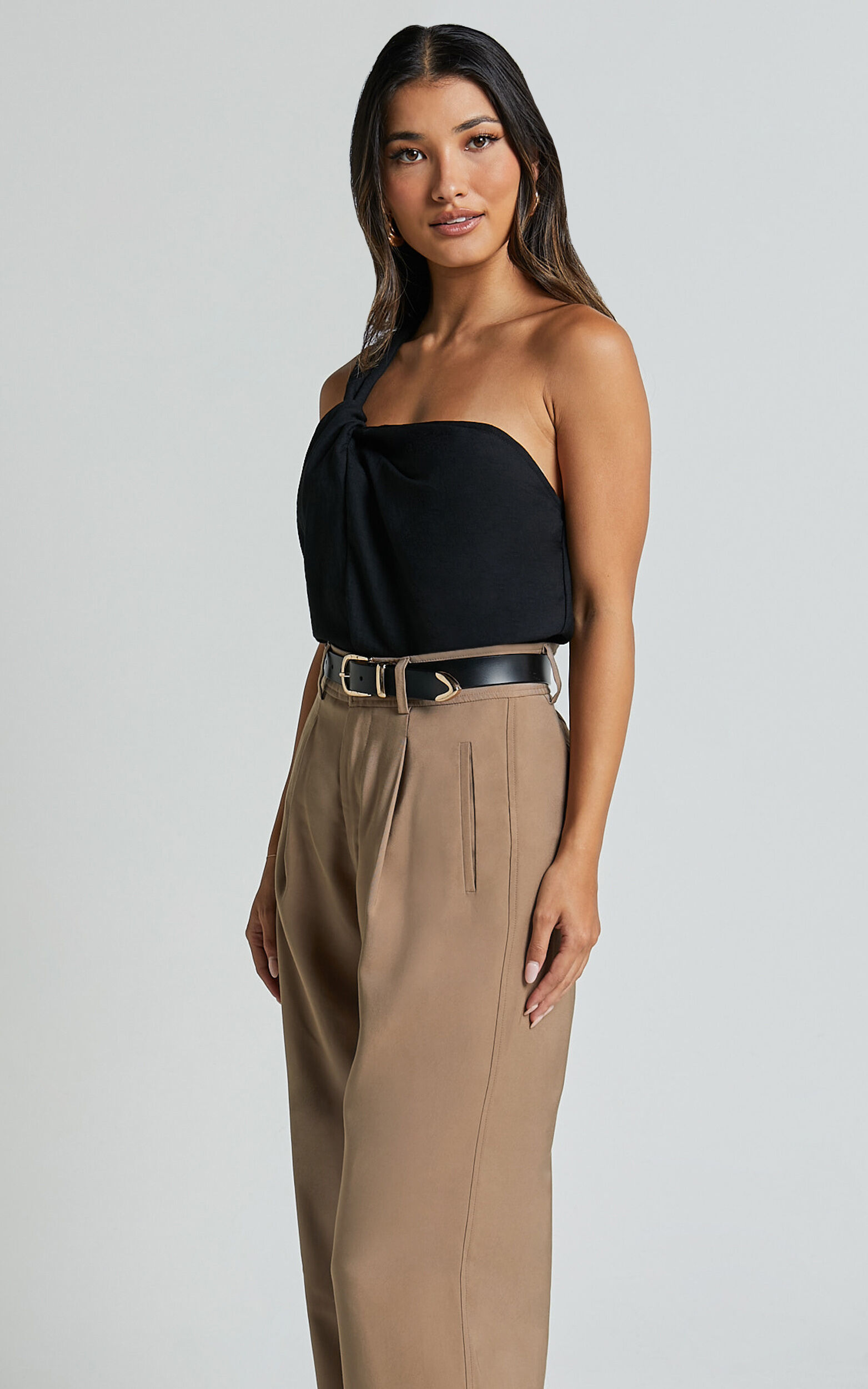 Bobbi Top - Linen Look Knot Detail One Shoulder Top in Black