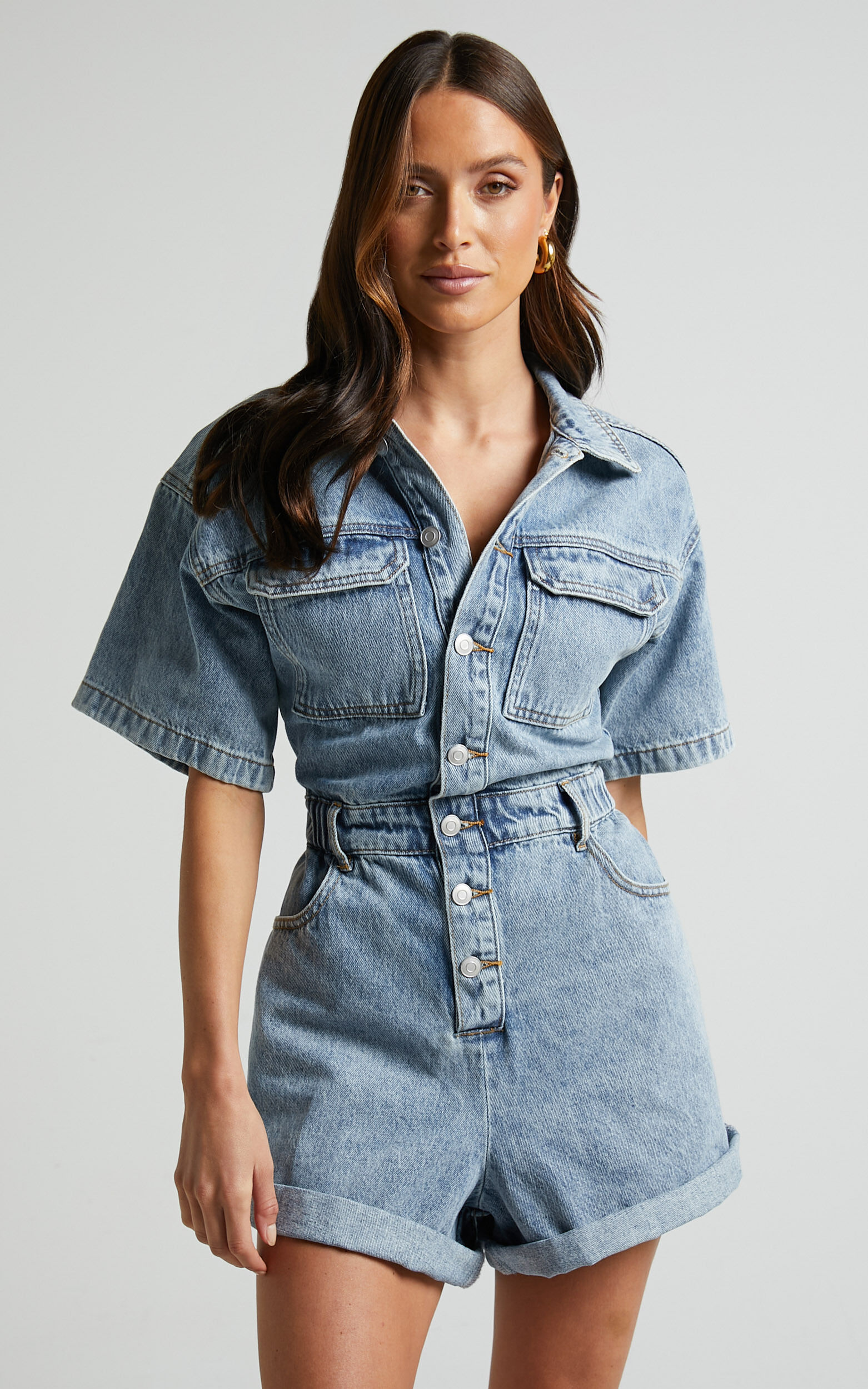 Leo Playsuit - Collared Short Sleeve Button Front Denim Playsuit in Mid Blue Acid Wash