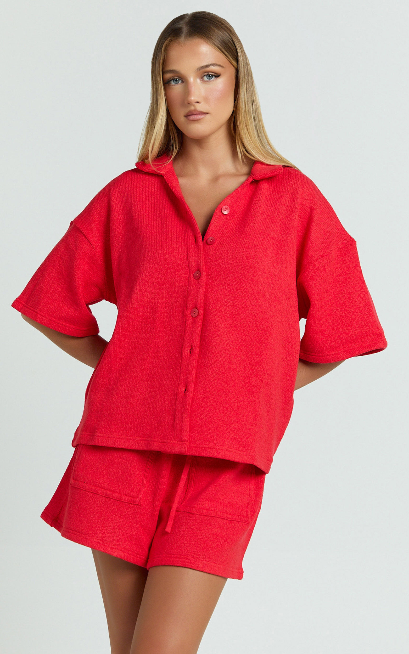 Kahlani Two Piece Set - Collared Short Sleeve and High Waisted Shorts in Red
