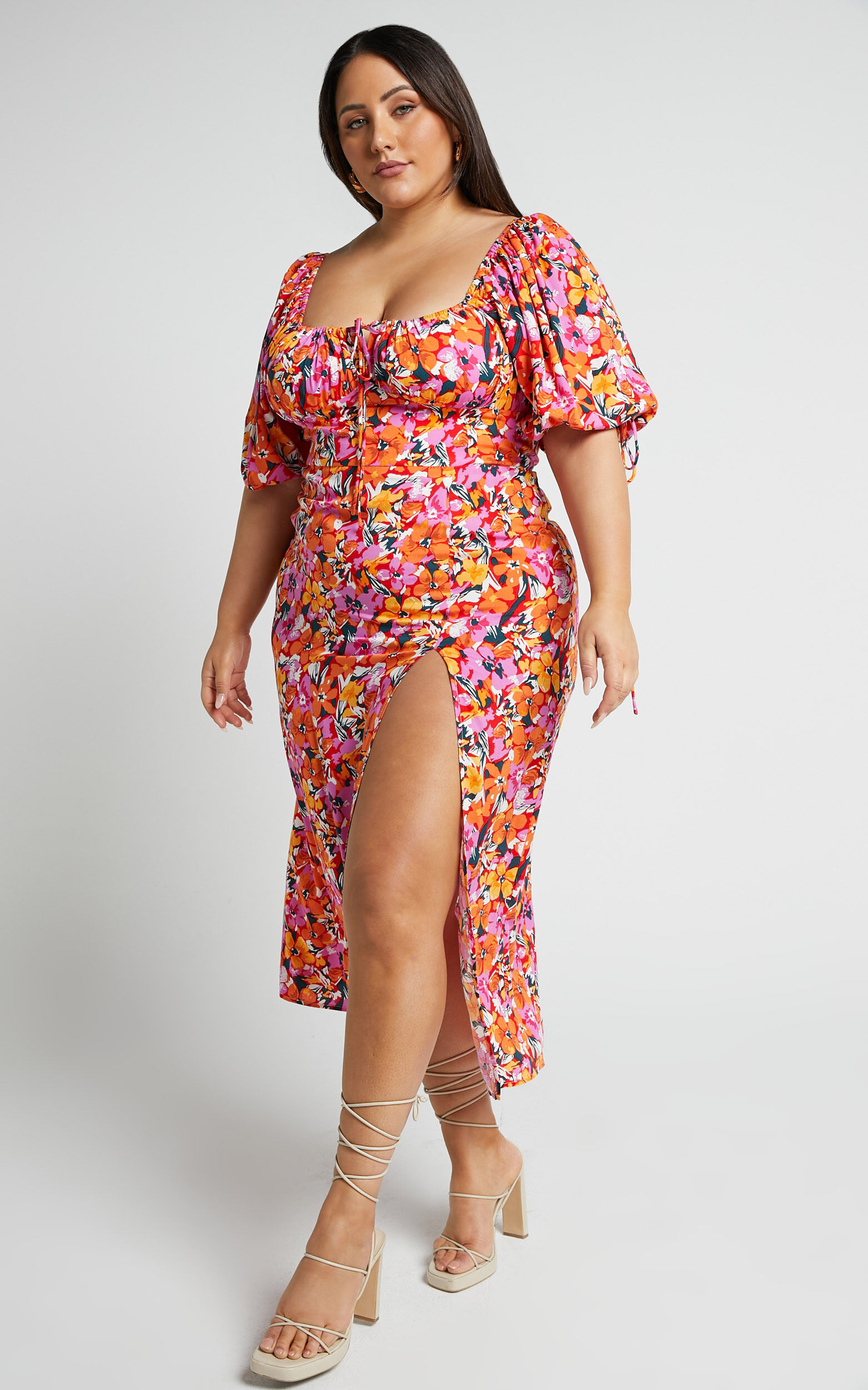 Rosario Midi Dress - Ruched Bust Puff Sleeve Dress in Spring Floral