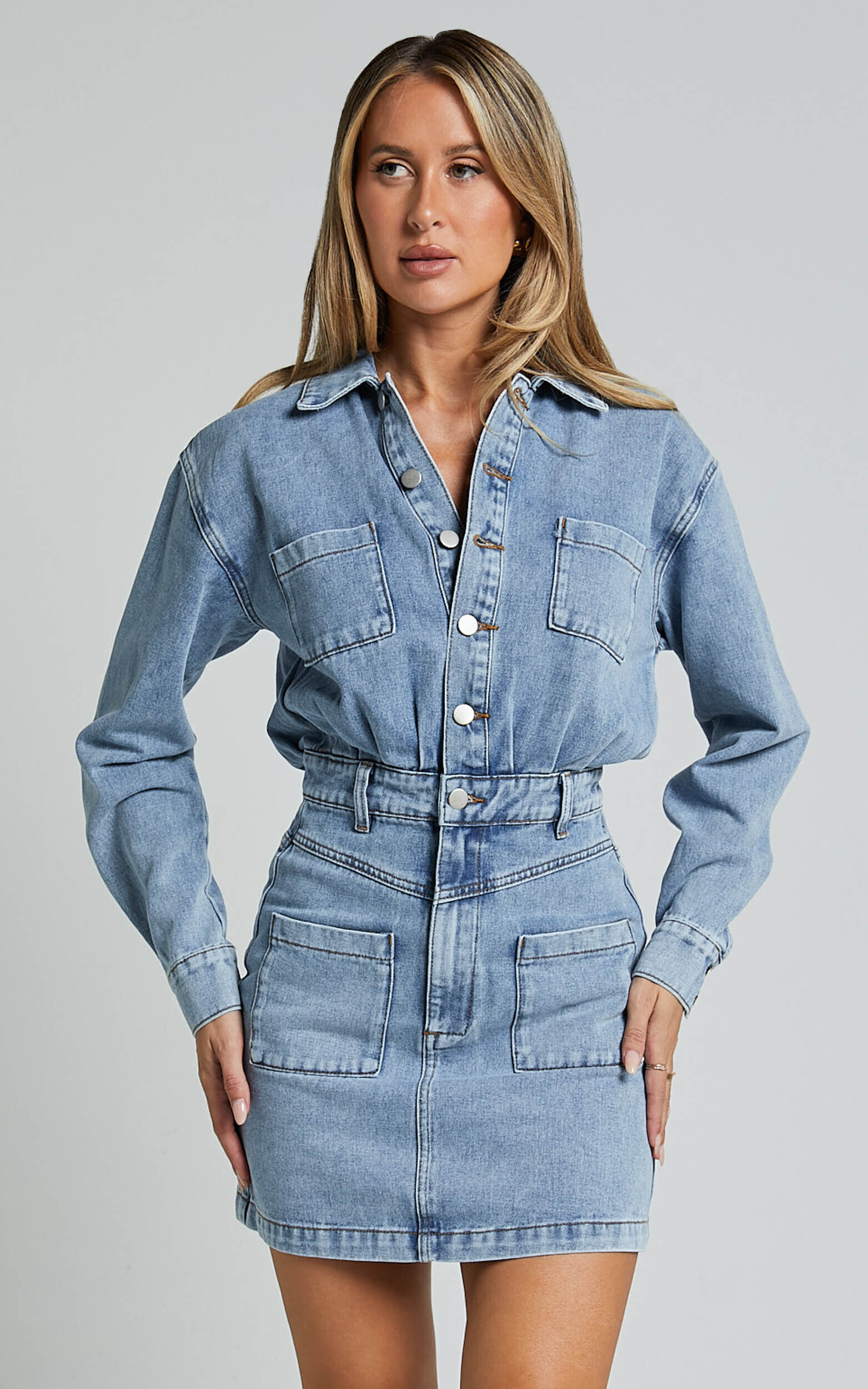 Kamala Mini Dress - Long Sleeve Button Through Denim Dress in Light Blue Wash