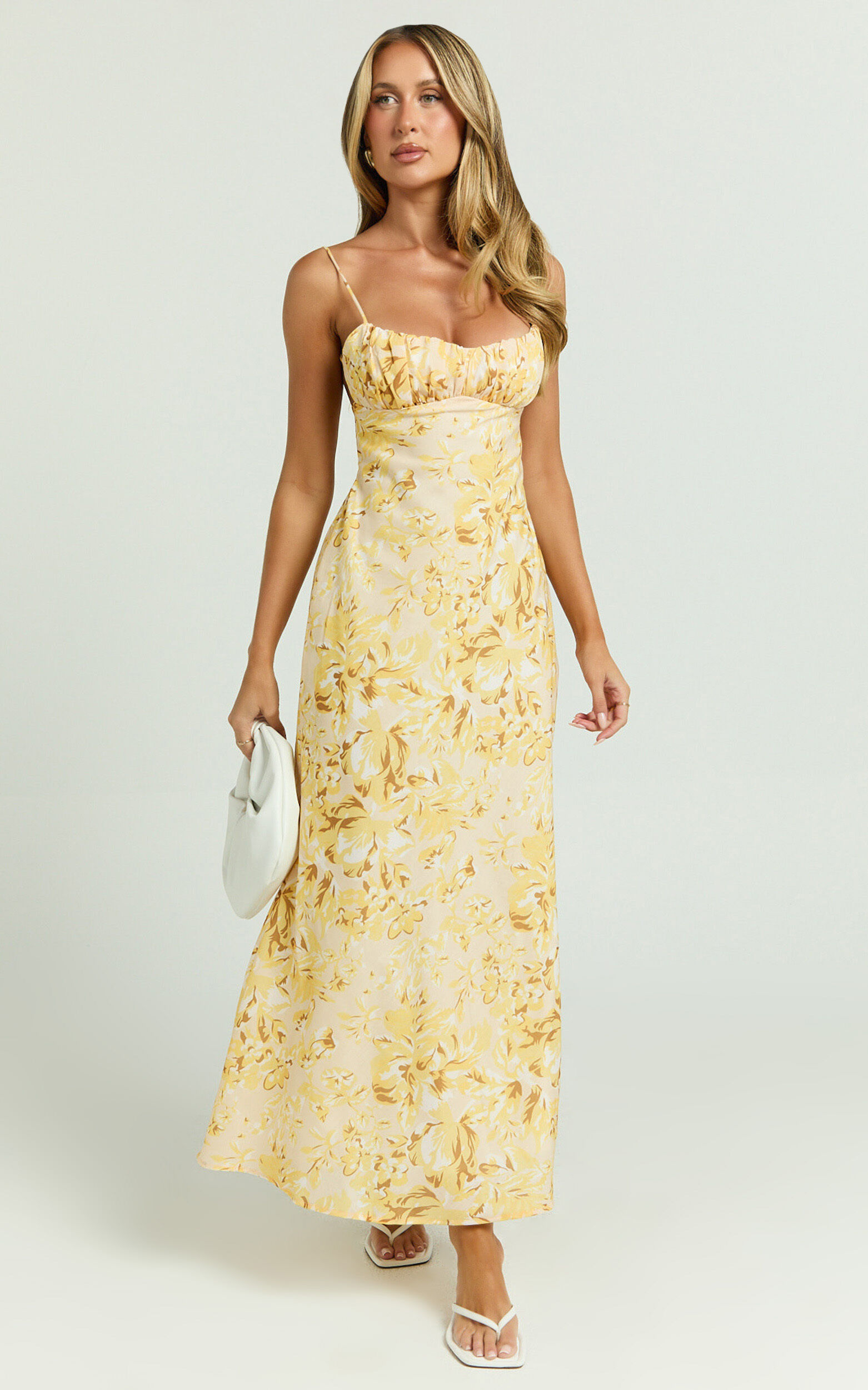 Giselli Midi Dress - Adjustable Strap Ruched Bust Dress in Lemon Floral