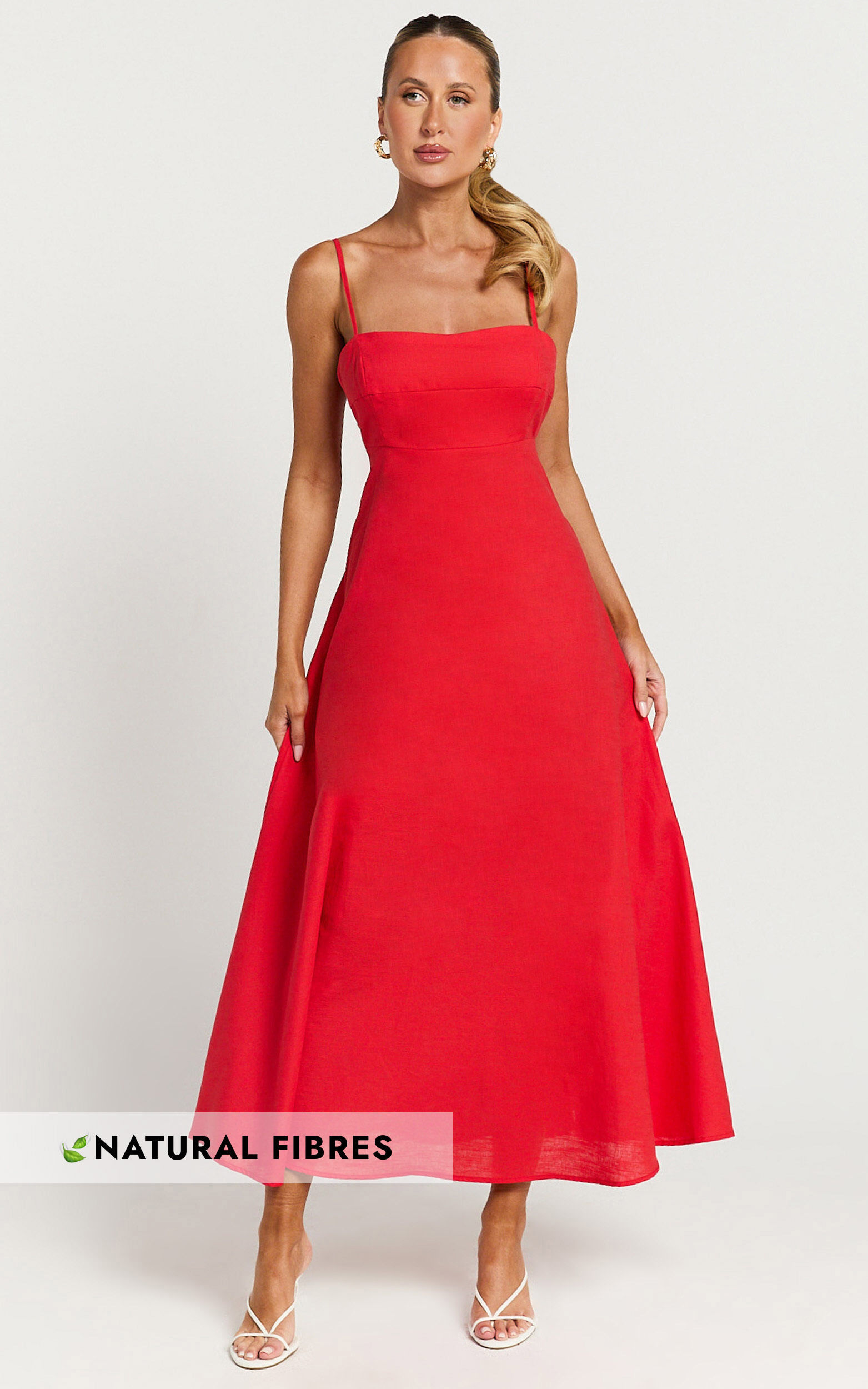 Brette Midi Dress - Linen Straight Neck Strappy Fit And Flare Dress in Red