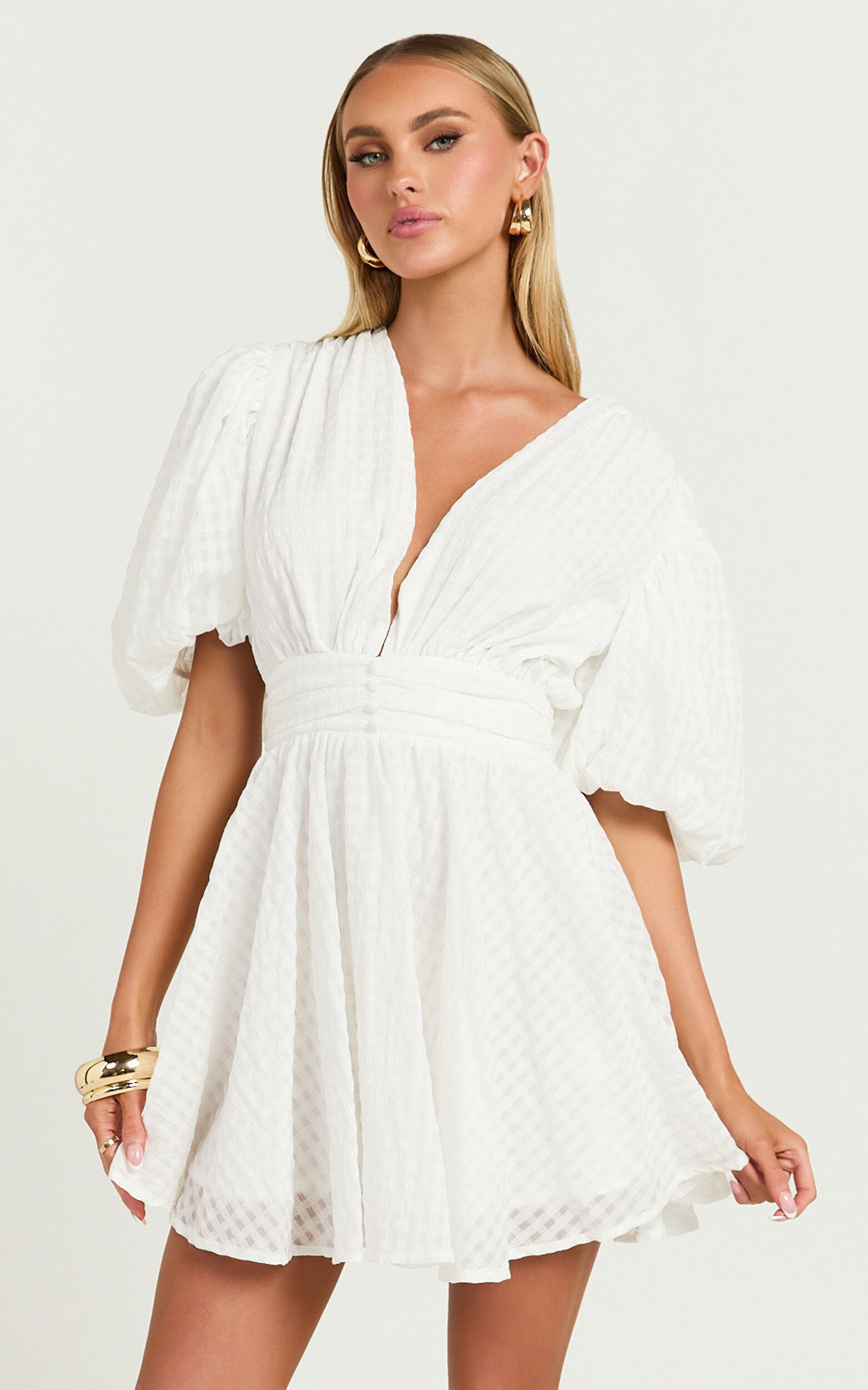 Xandy Mini Dress - Textured Puff Sleeve Plunge Dress in White