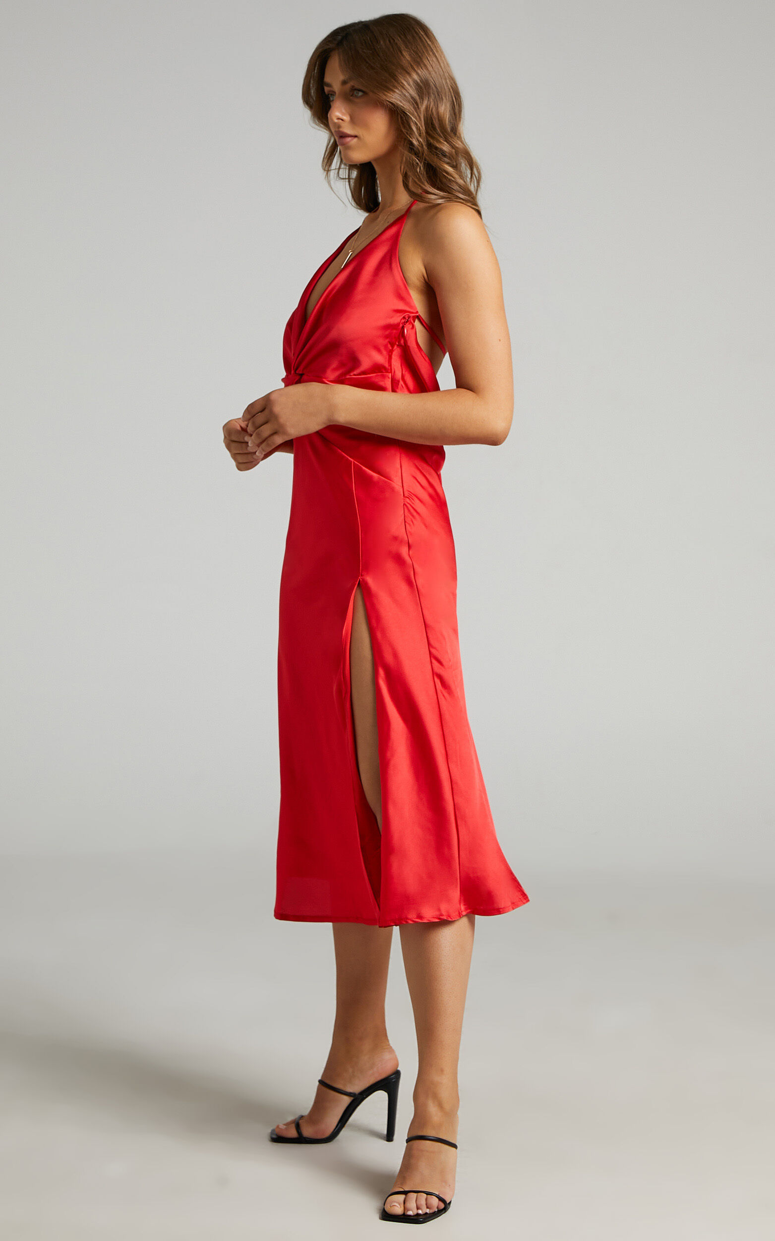 Florentina Midi Dress - Twist Front Open Tie Back Dress in Red
