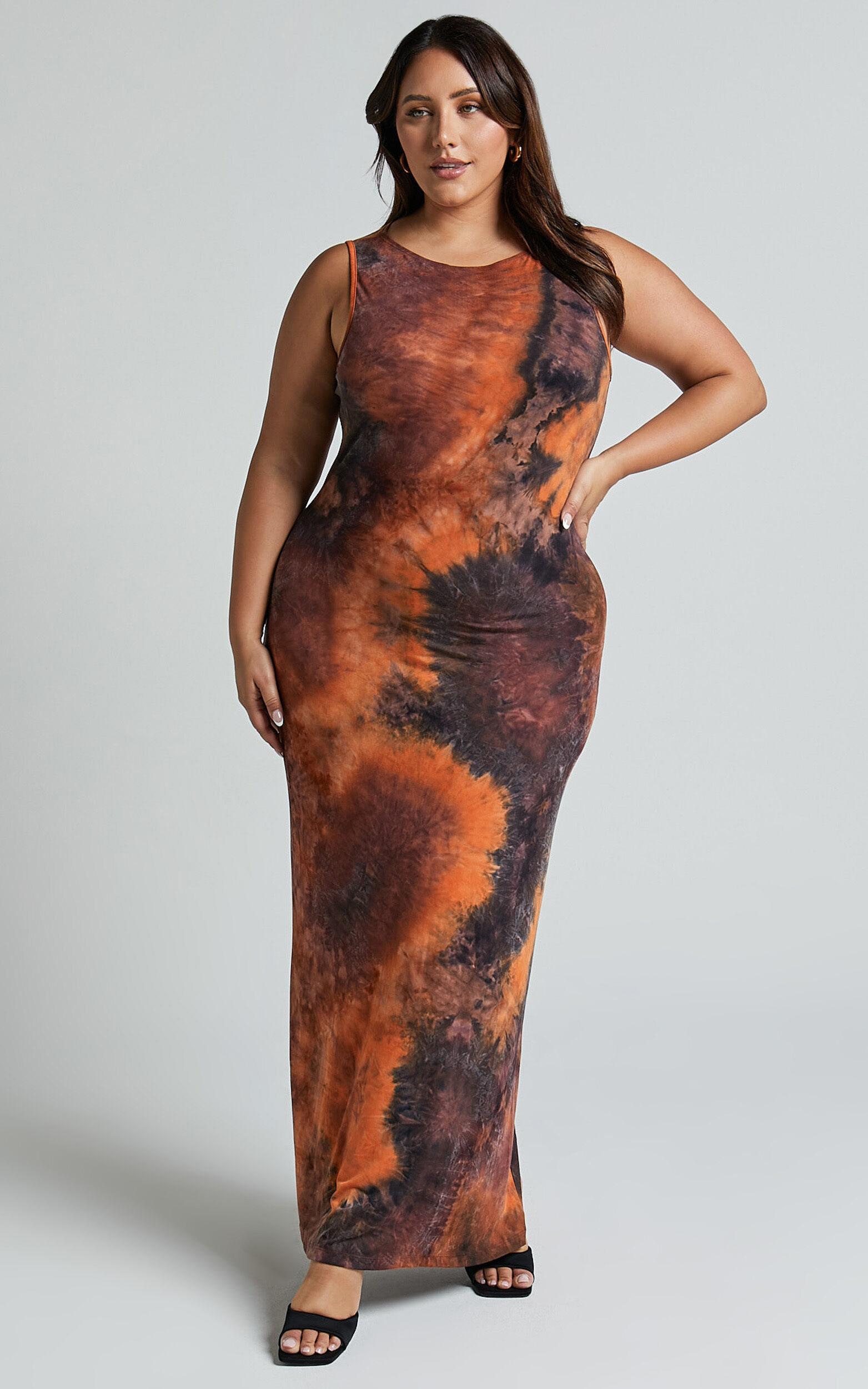 Amayra Midi Dress - High Neck Bodycon Dress in Brown Tie Dye