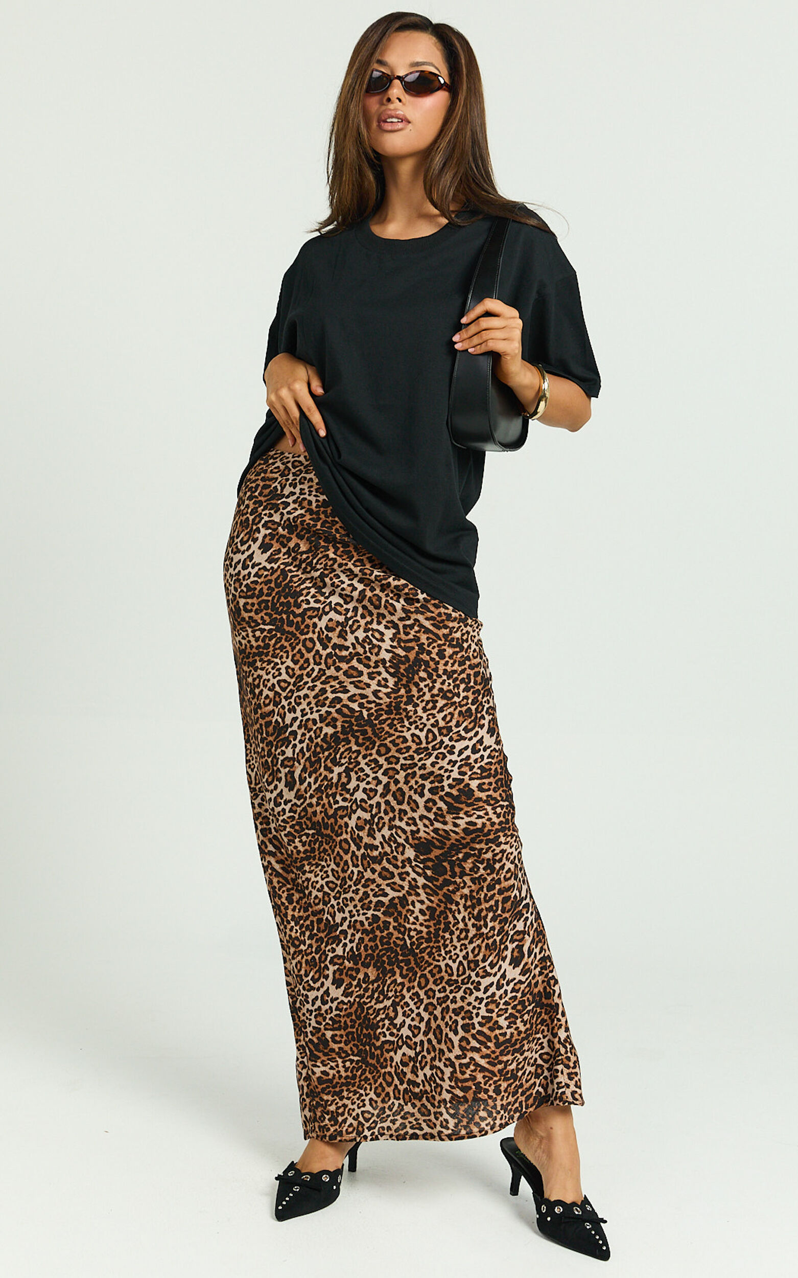 Jacqui Maxi Linen Skirt - Bias Cut Back Split Skirt in Tonal Leopard Print