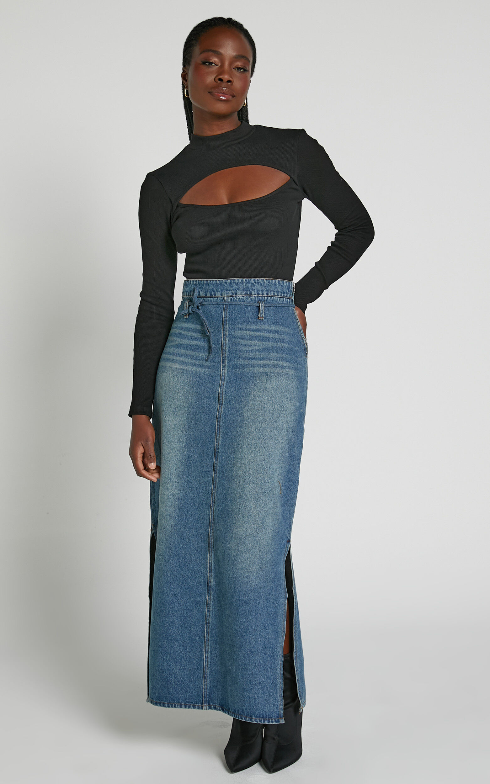 Cynlee Bodysuit - Cut Out Long Sleeve Bodysuit in Black