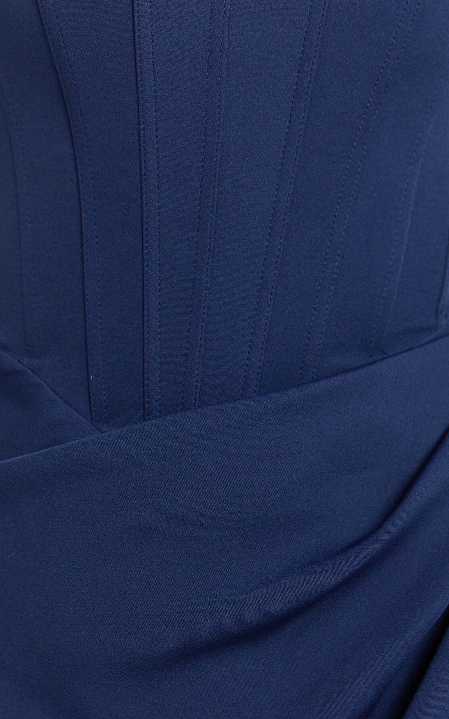 Avery Midi Dress - Strapless Draped Side Split Dress in Navy