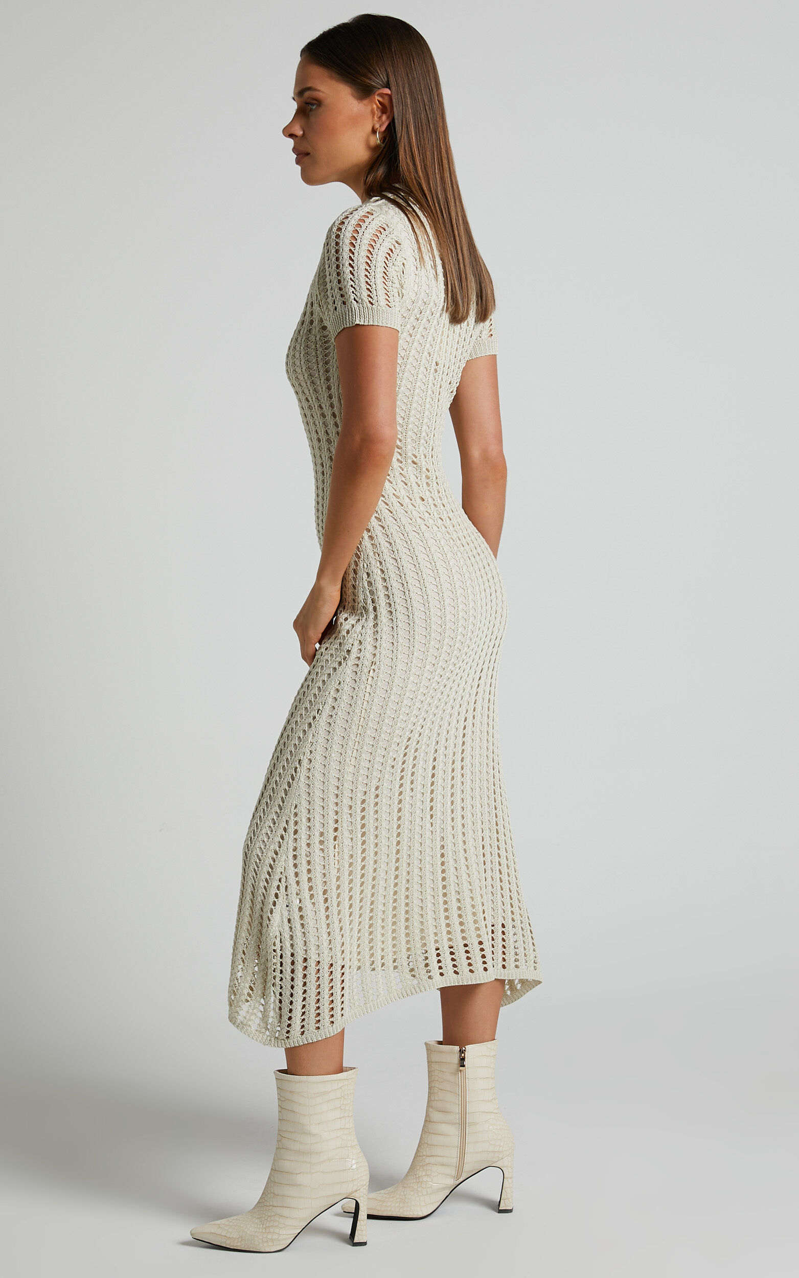 Jolie Midi Dress - Crochet Collared Short Sleeve Dress in Cream