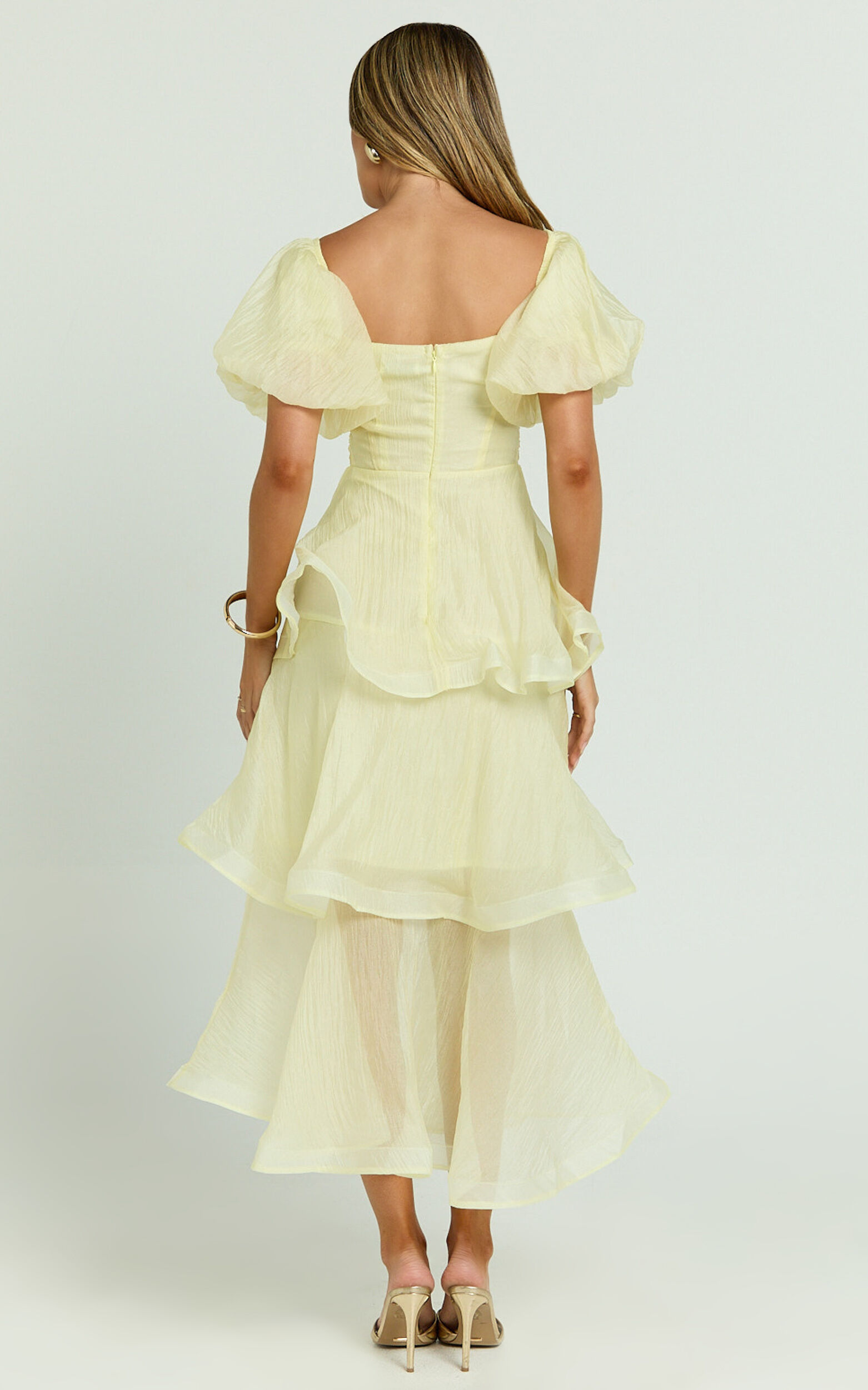 Giselle Midi Dress - Short Puff Sleeve Front Cut Out Layered Dress in Lemon