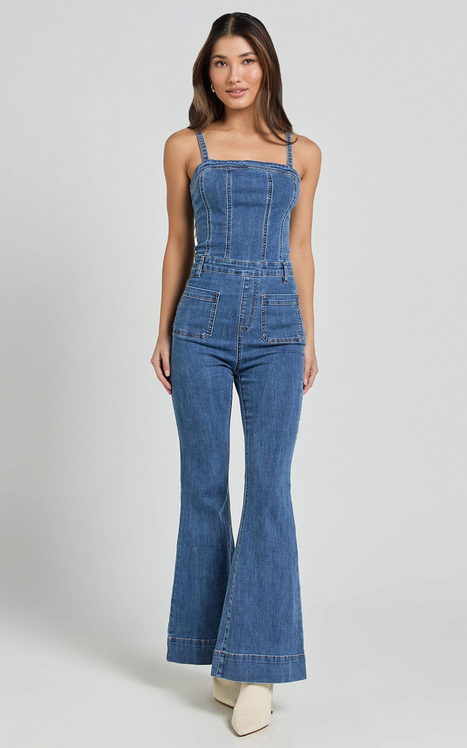 Joey Jumpsuit - Panelled Cami Flared Bottom Denim Jumpsuit in Dark Blue Wash